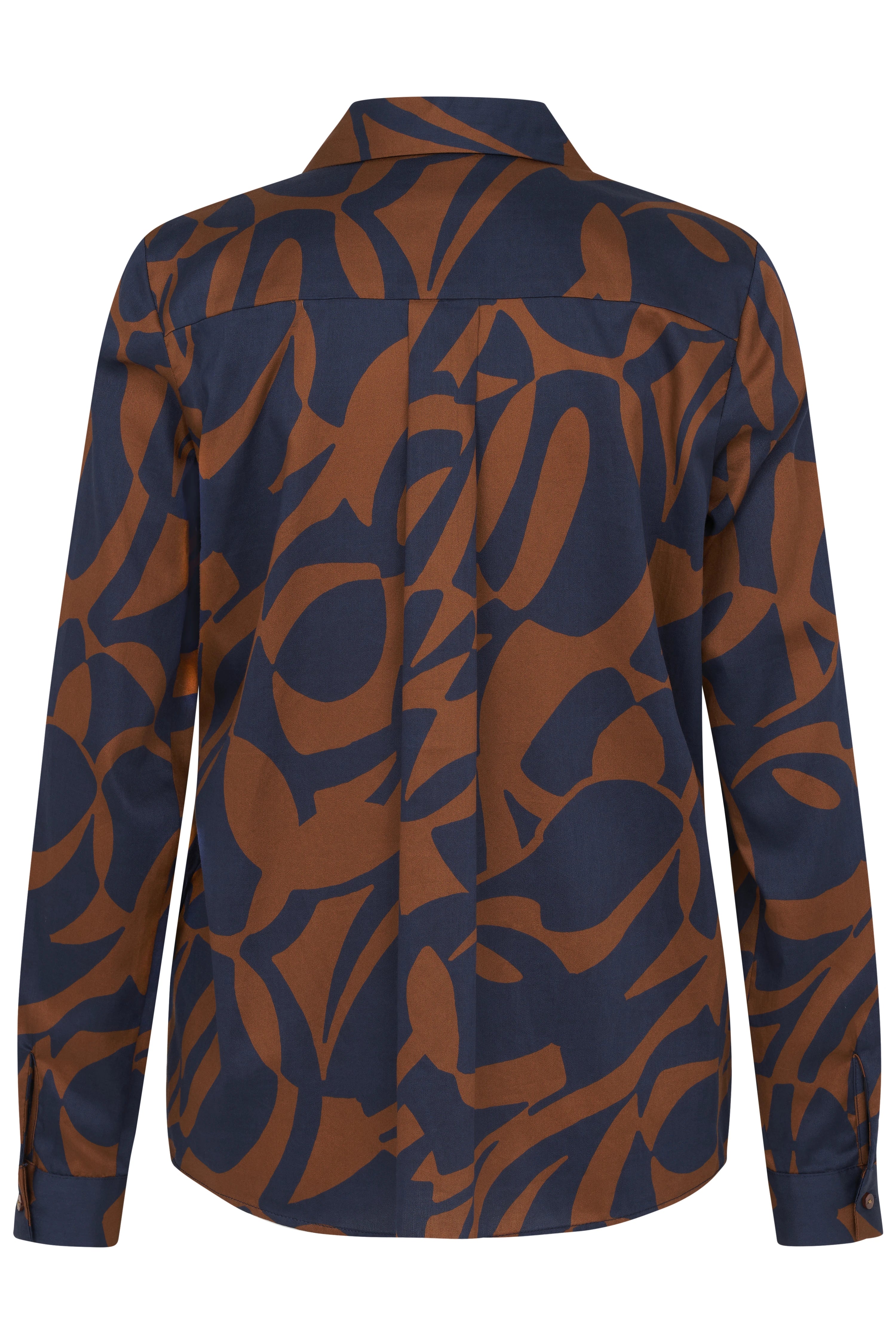 Bluse mit braun-blauem abstraktem Muster, Büstenbild, bugatti Stil.