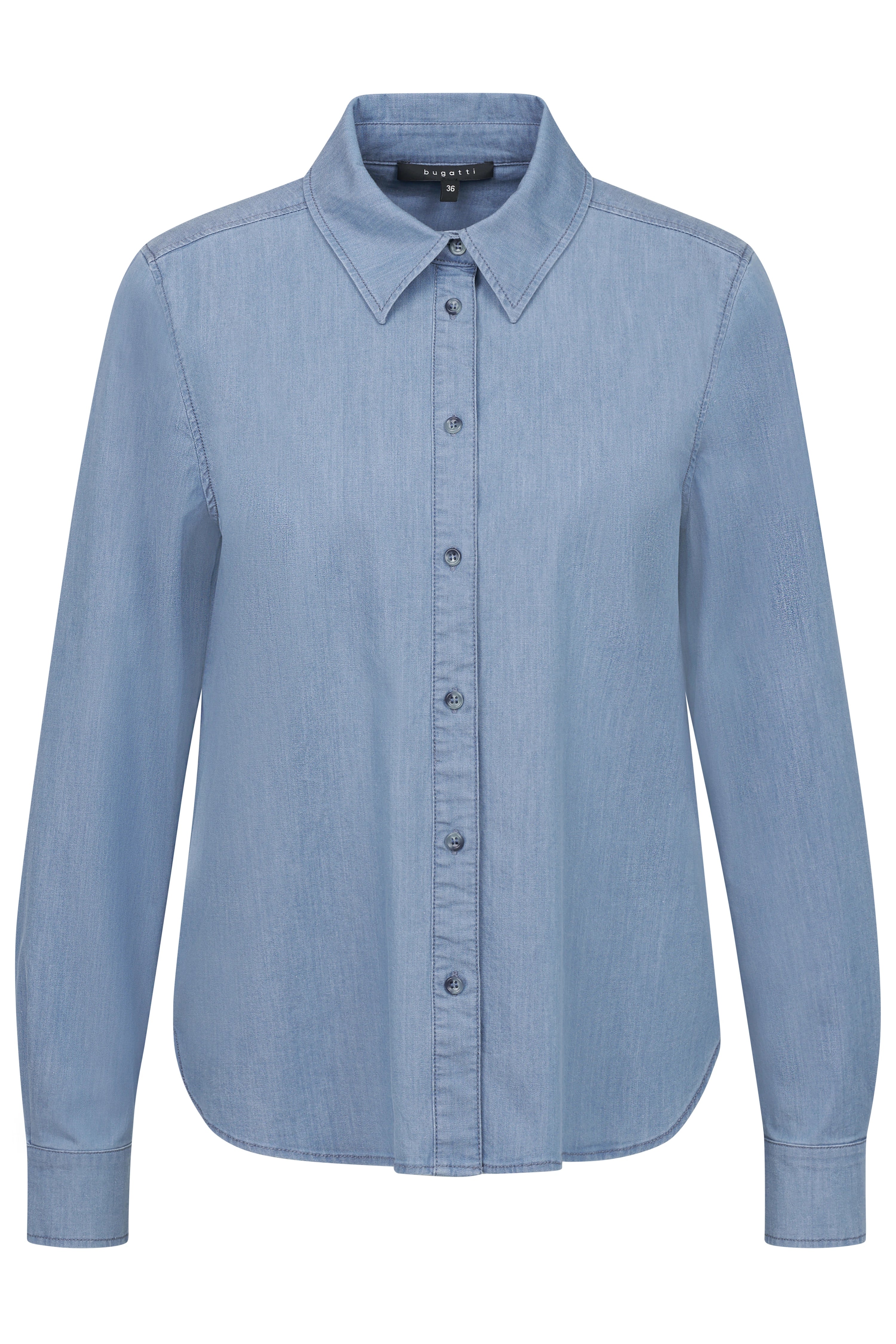 Blaues bugatti Damenhemd mit langen Ärmeln, klassischer Kragen, Büstenbild.