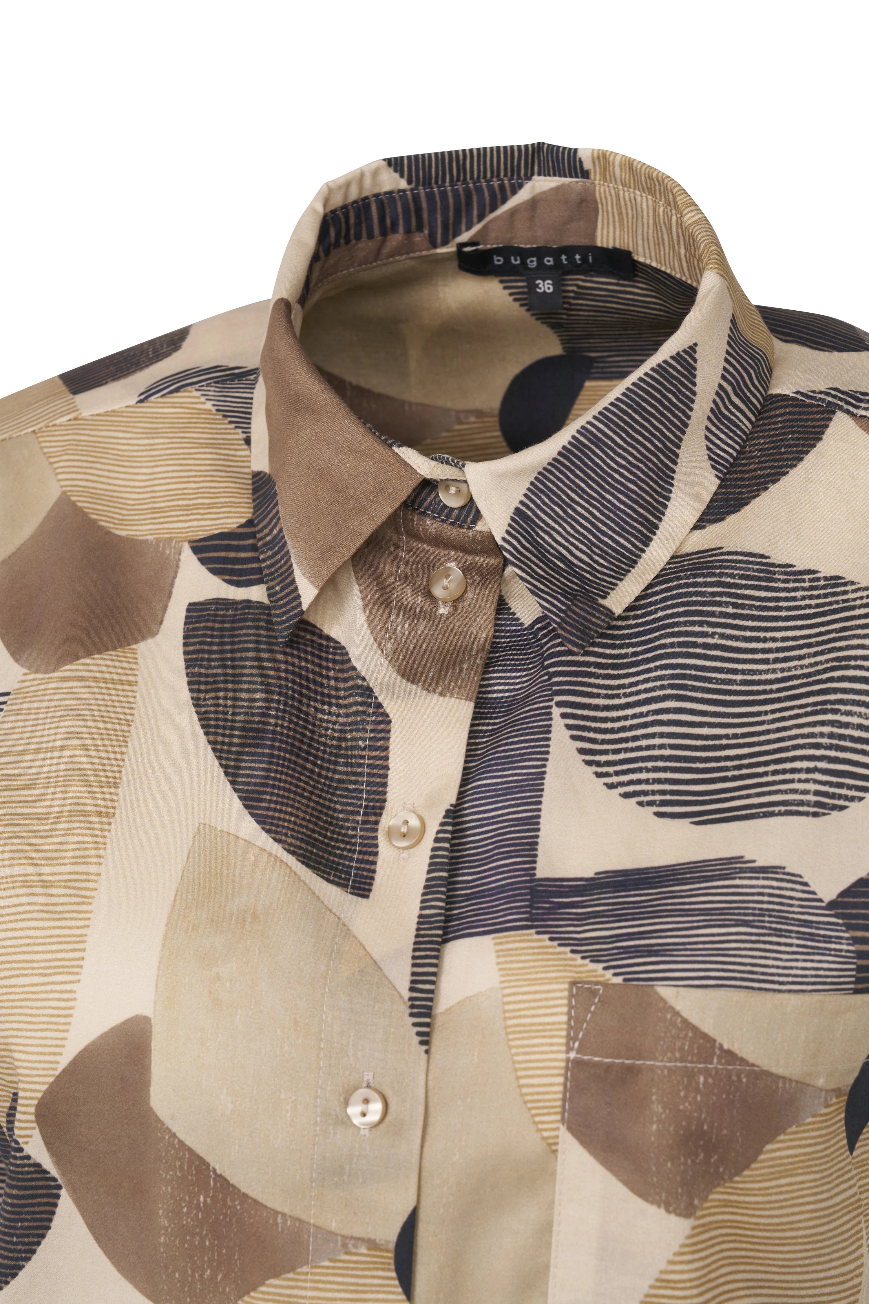 bugatti Bluse, abstraktes Muster in Beige, Braun, Blau, Büstenbild.