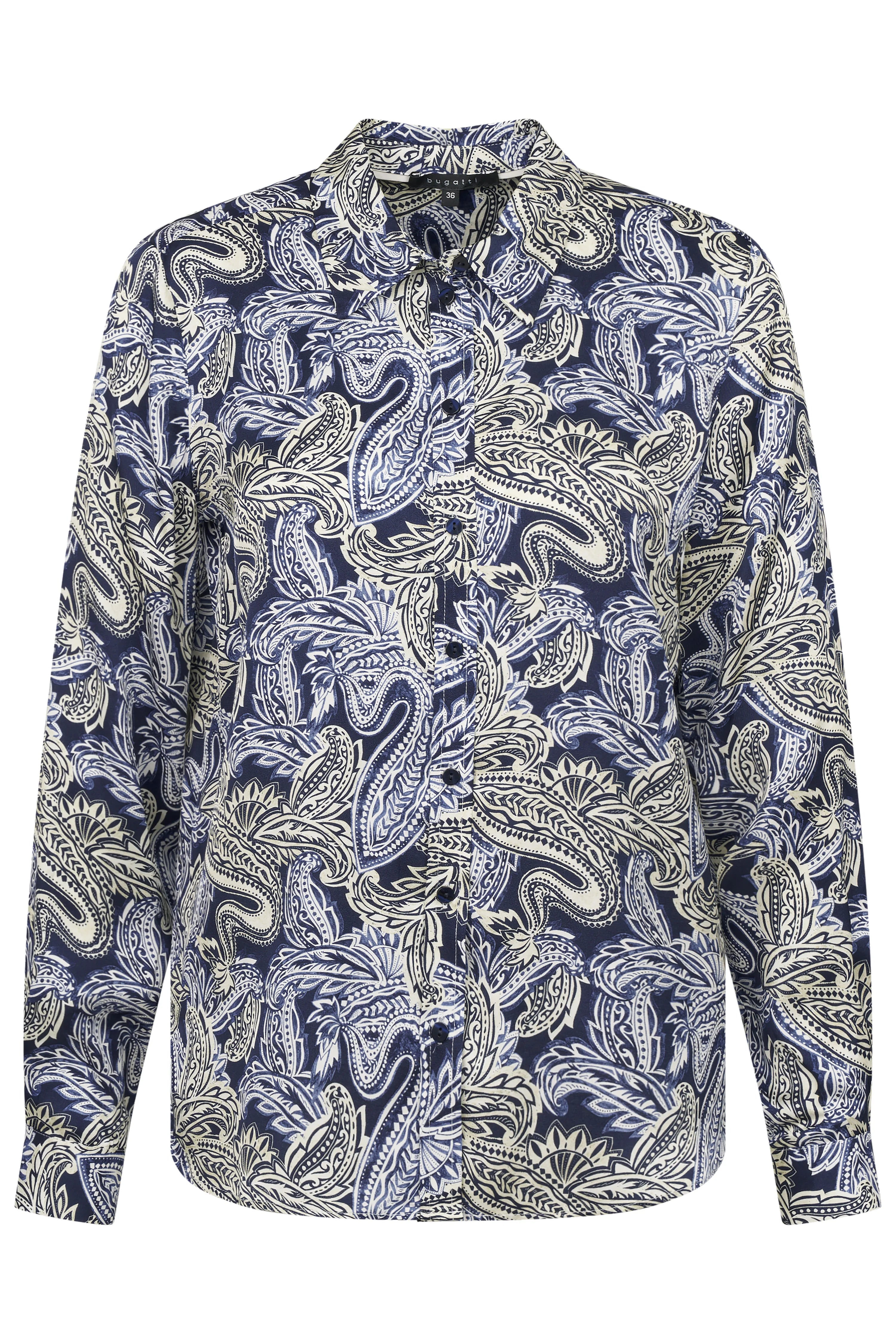 bugatti Hemd mit blau-weißem Paisley-Muster, Büstenbild.