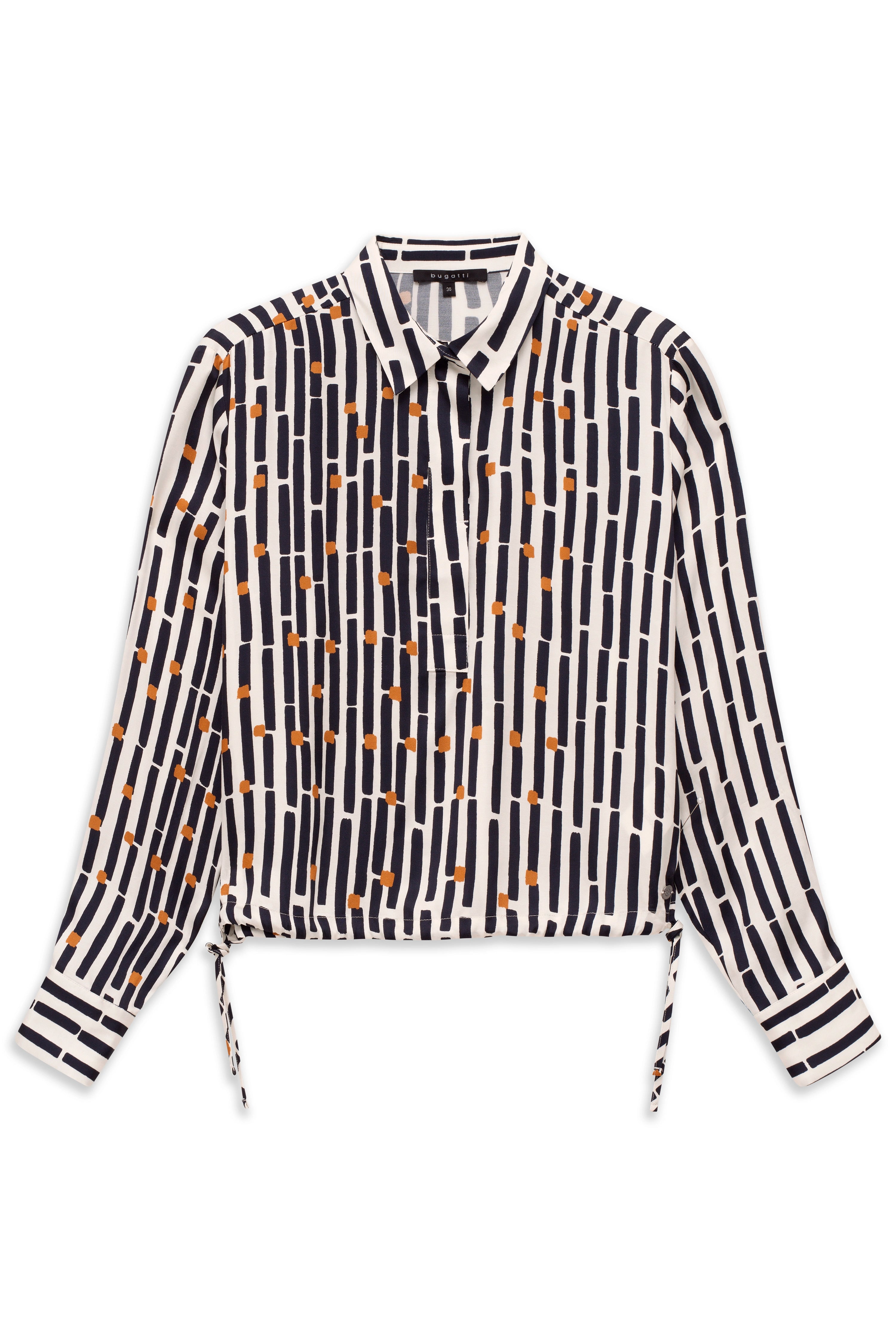 Bluse von bugatti mit grafischem Muster in Schwarz und Orange auf Weiß. Büstenbild.