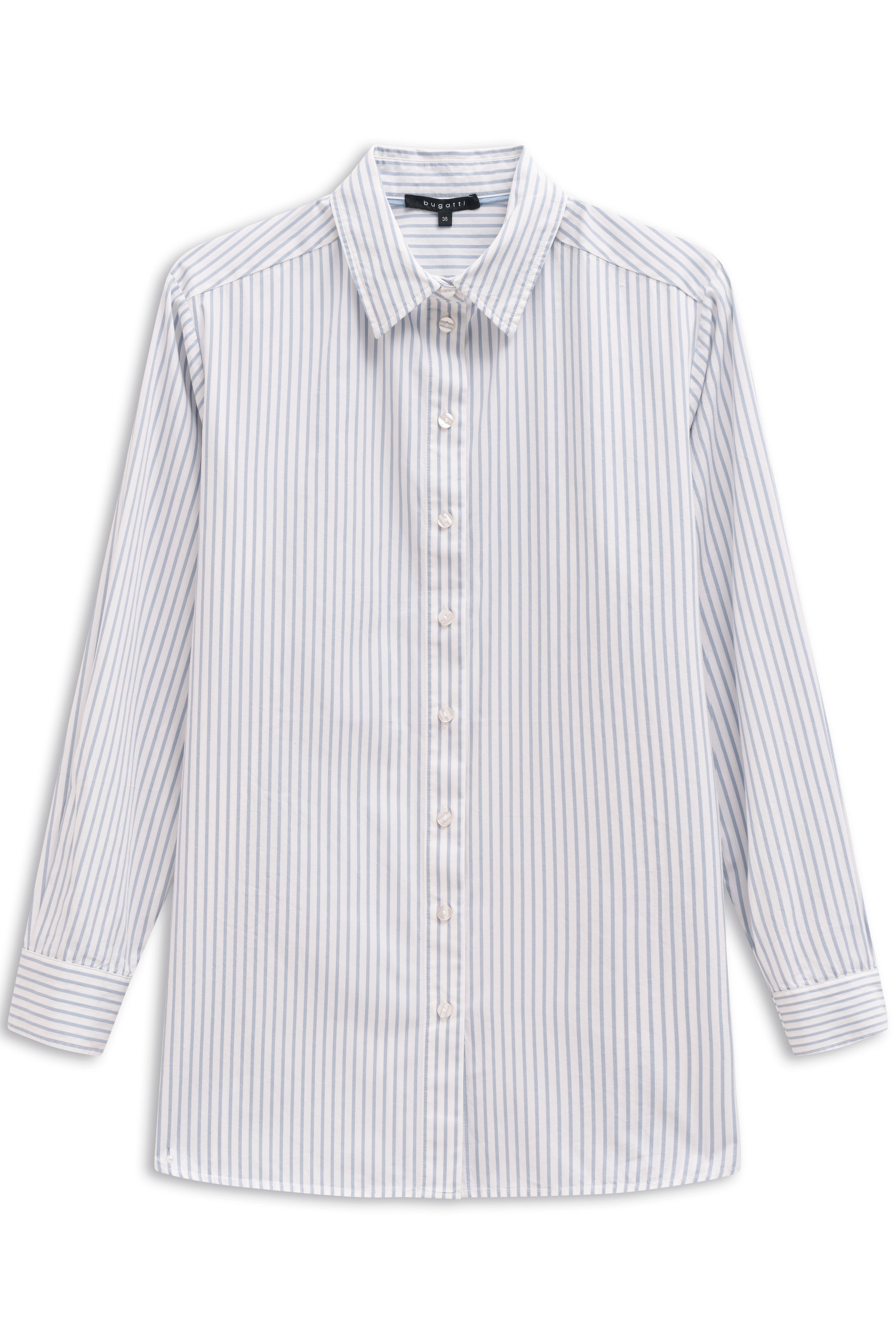 Blau-weiß gestreiftes bugatti Hemd, Büstenbild.