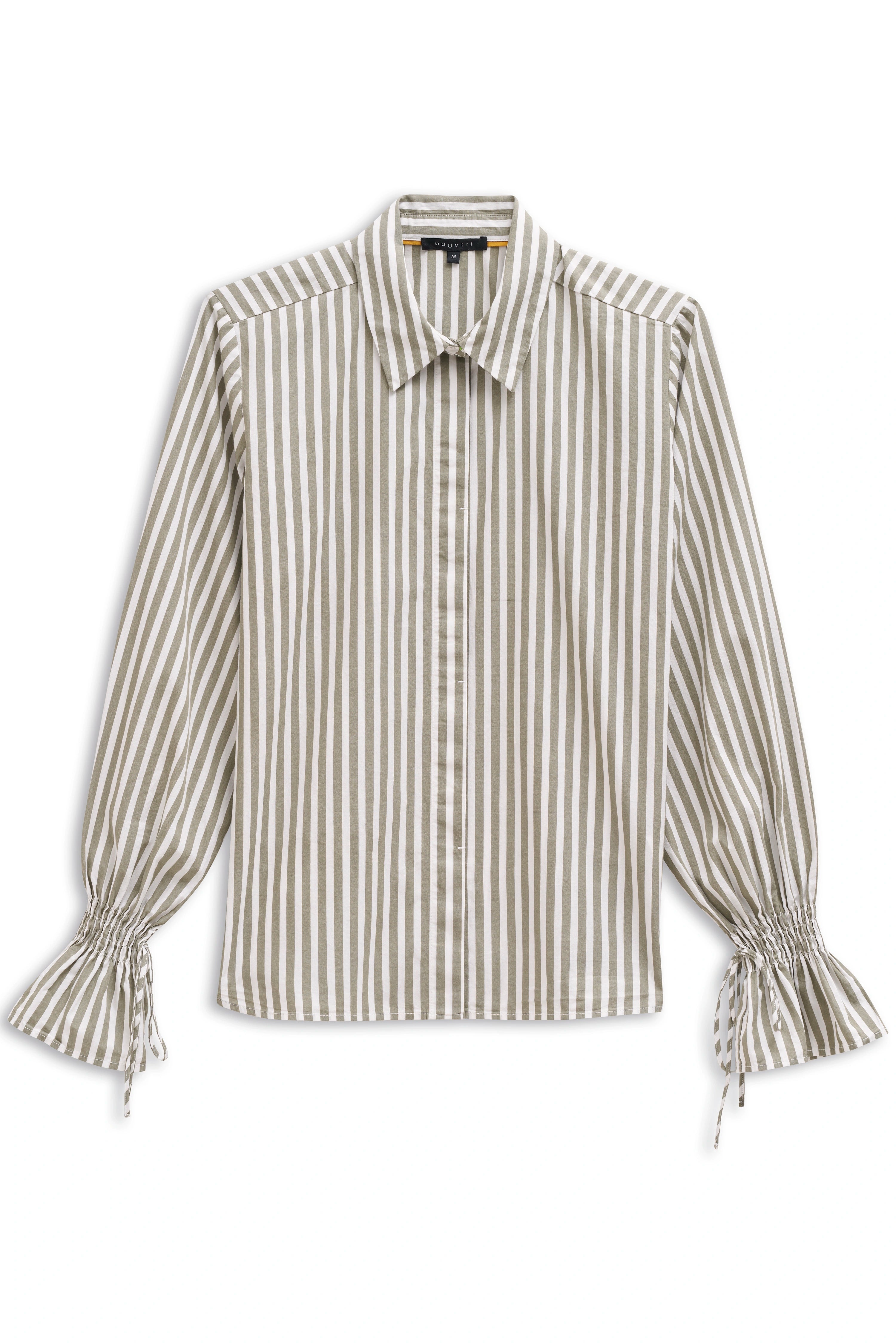 Gestreifte bugatti Bluse in Beige und Weiß, Büstenbild.