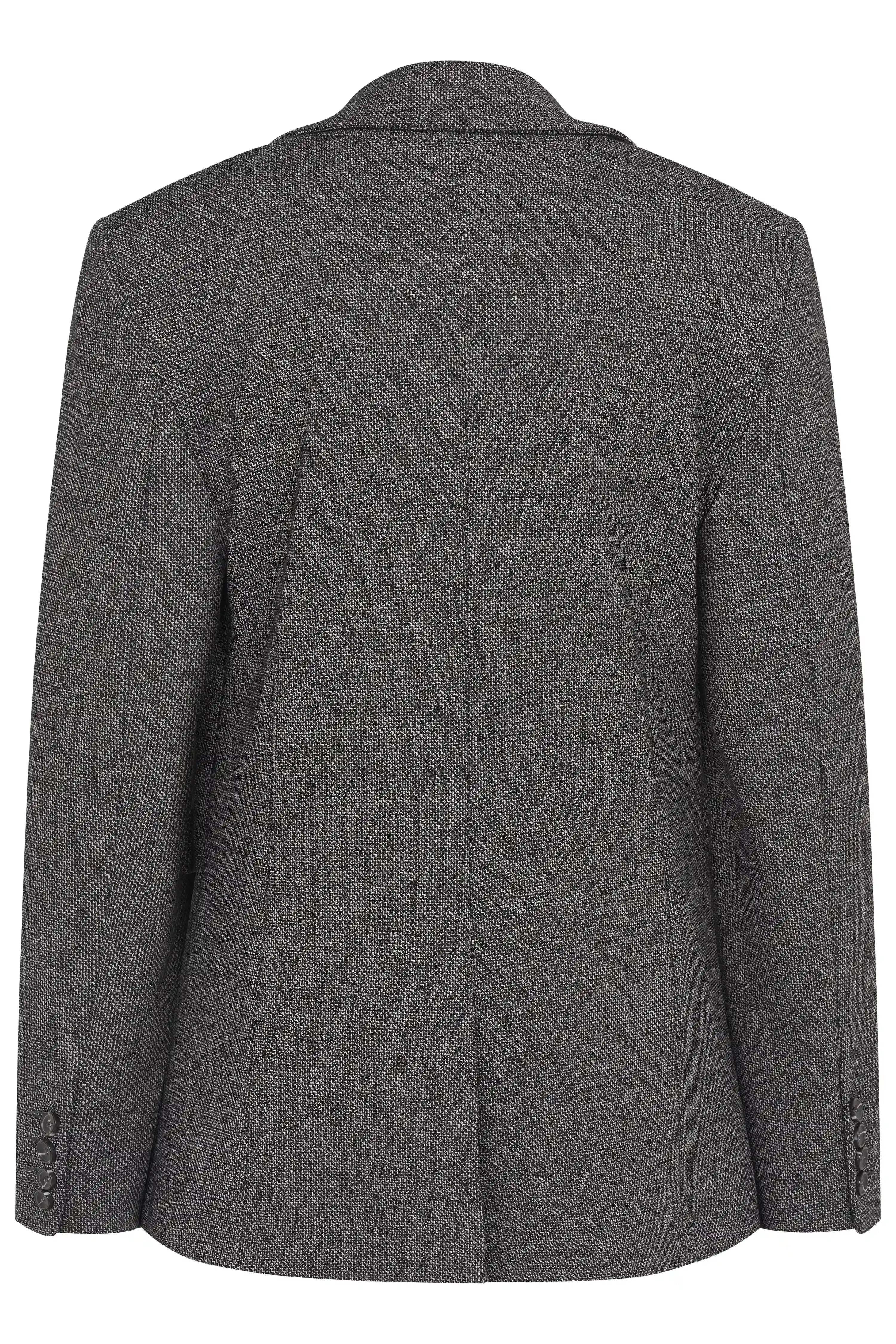 Gray bugatti blazer, back view, classic design, textured pattern, bust shot.