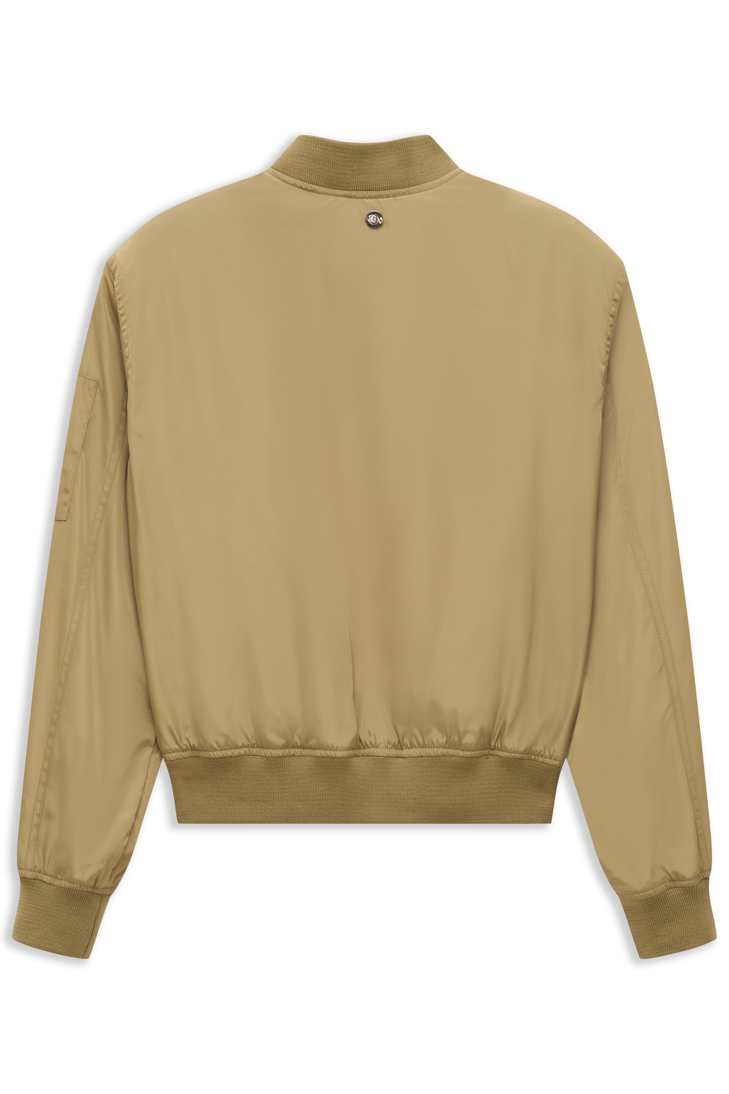 Beige bugatti Bomberjacke, Büstenbild, Rückansicht, minimalistisches Design, gerippte Abschlüsse.