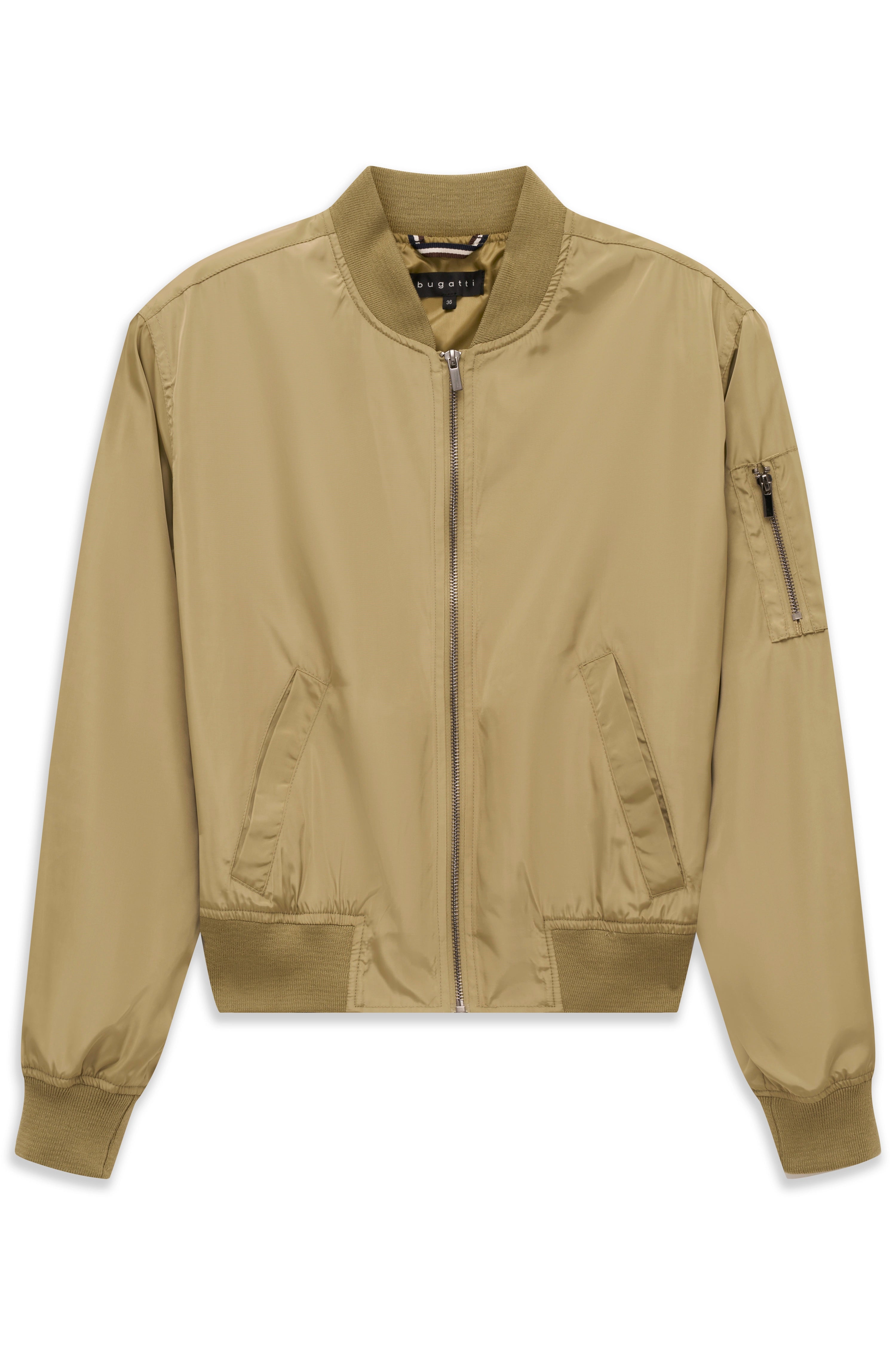 bugatti beige Bomberjacke, Büstenbild, minimalistisches Design mit Reißverschluss und Taschen.