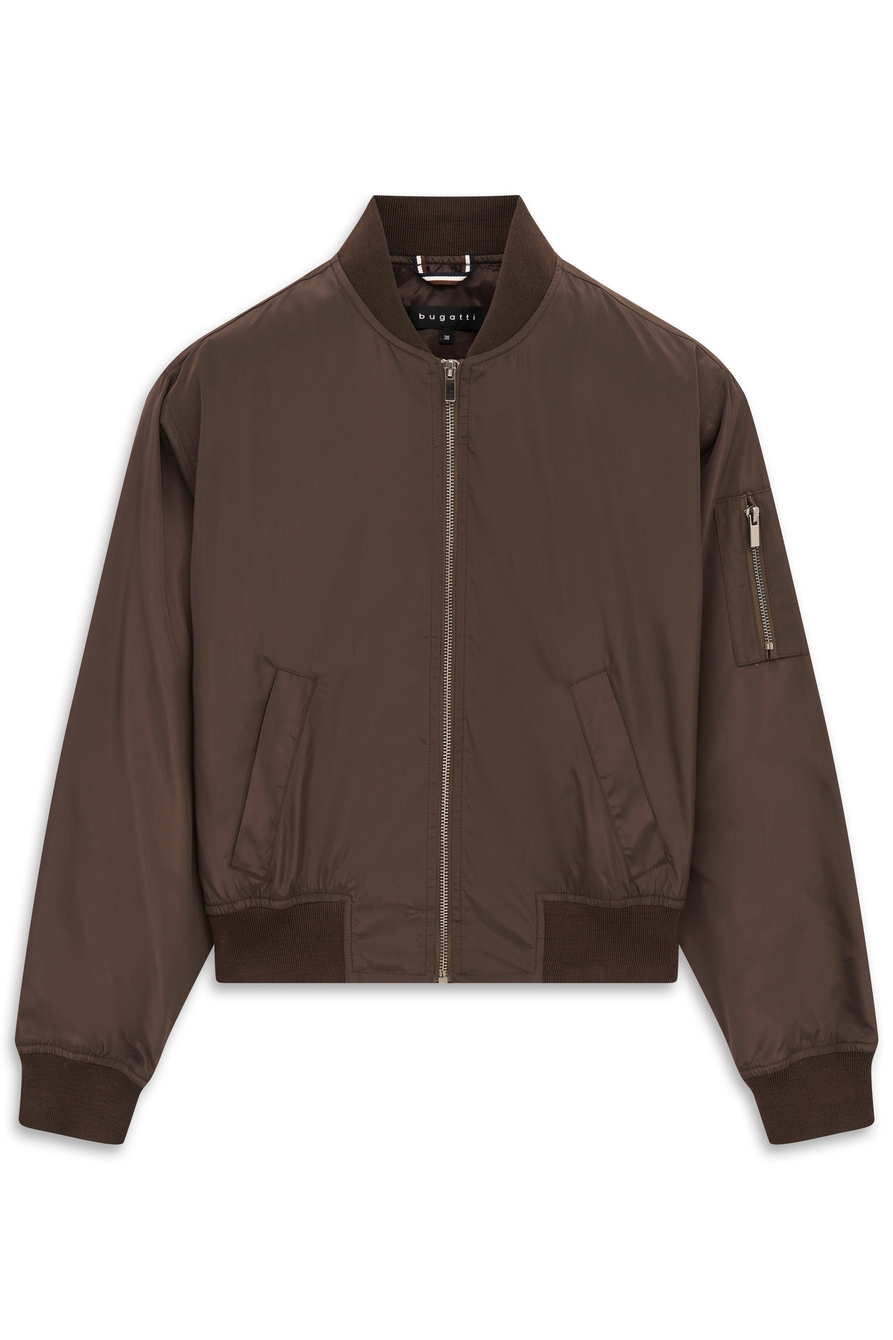 Braune bugatti Bomberjacke, legeres Büstenbild, minimalistisches Design, Reißverschluss und Taschen.