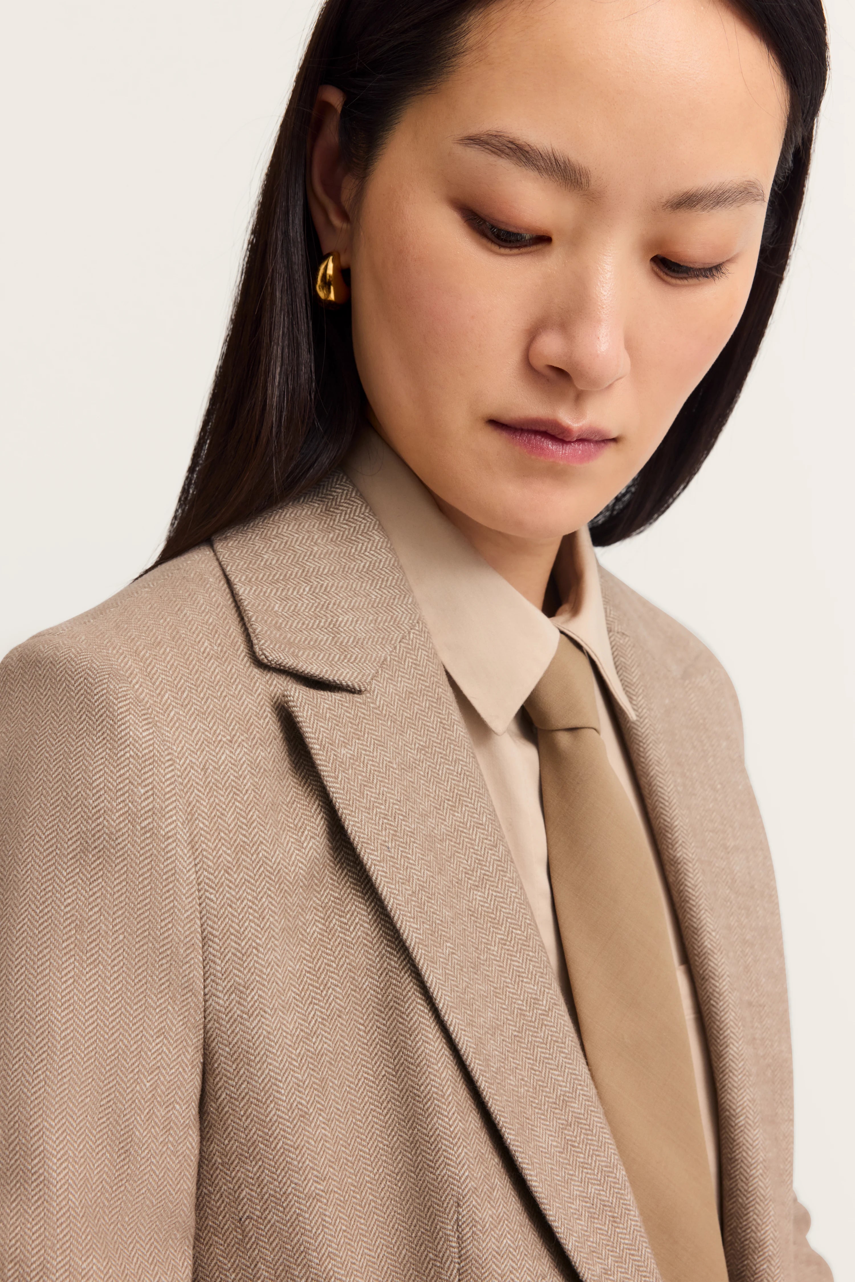Bust shot: Beige herringbone blazer, beige shirt, and tie, elegant look.