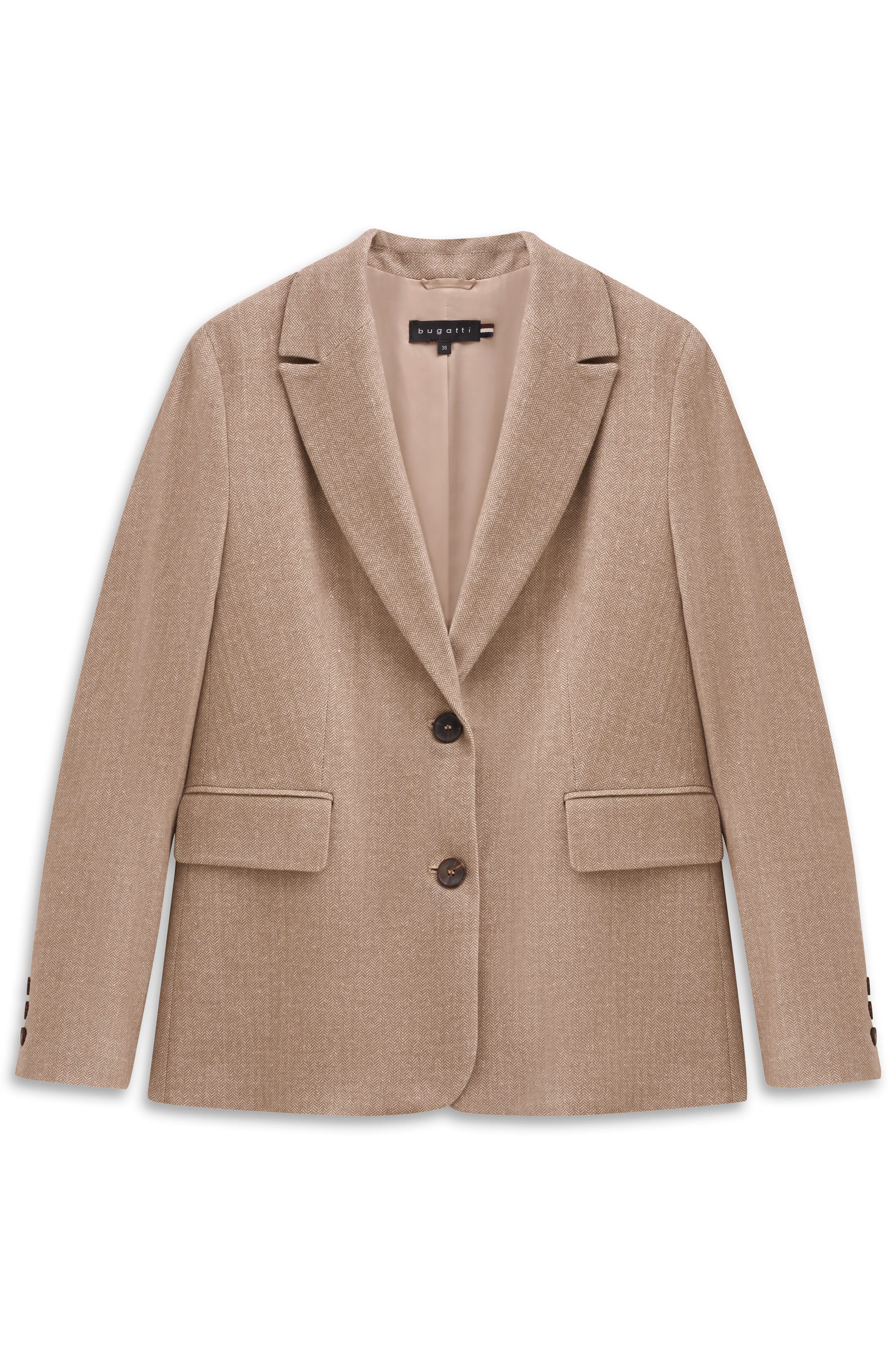 Beige bugatti blazer with two buttons on bust, elegant design, timeless style.
