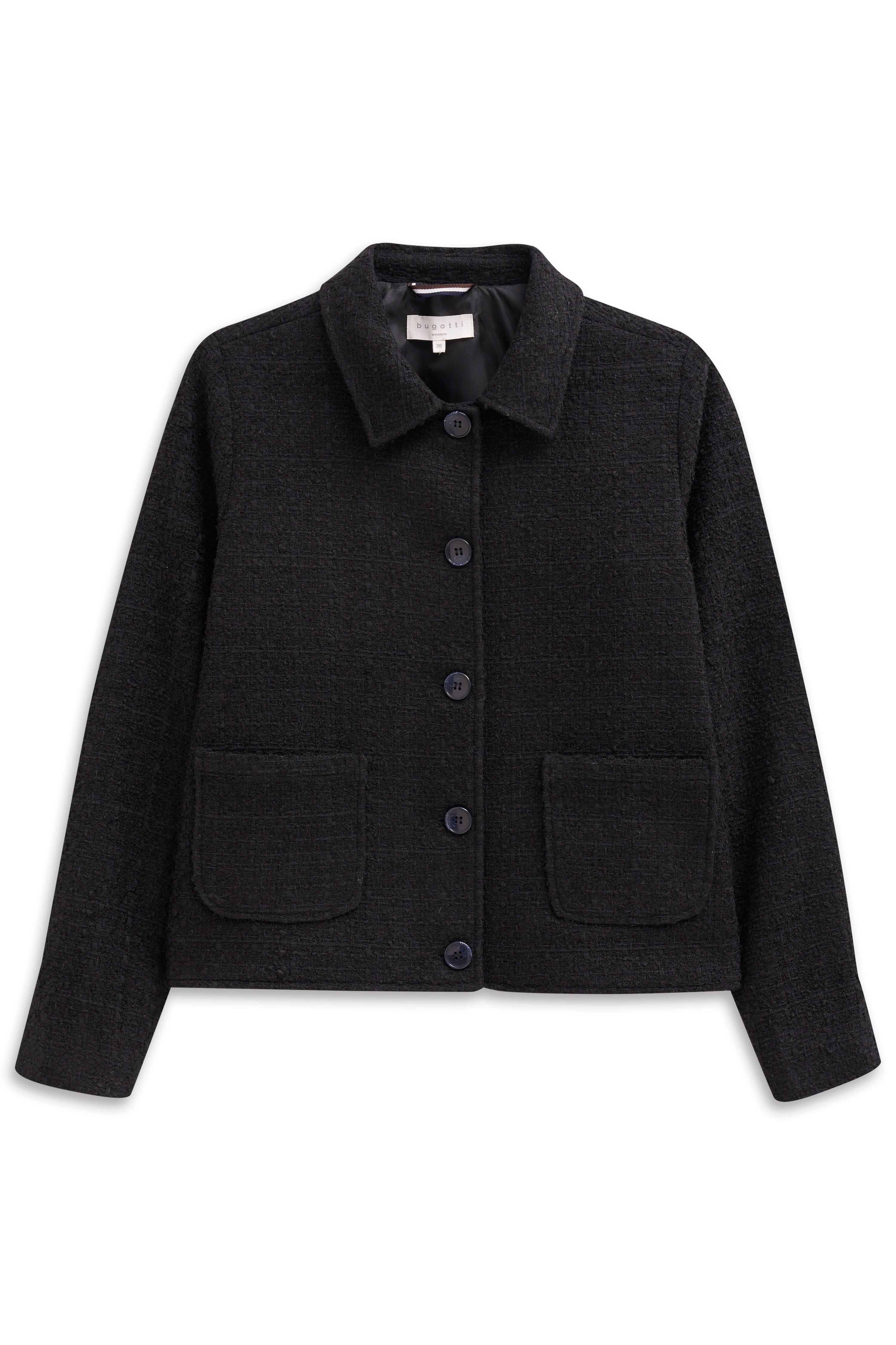 Schwarze bugatti Jacke, Büstenbild. Eleganter Stil mit Knopfleiste und Taschen.