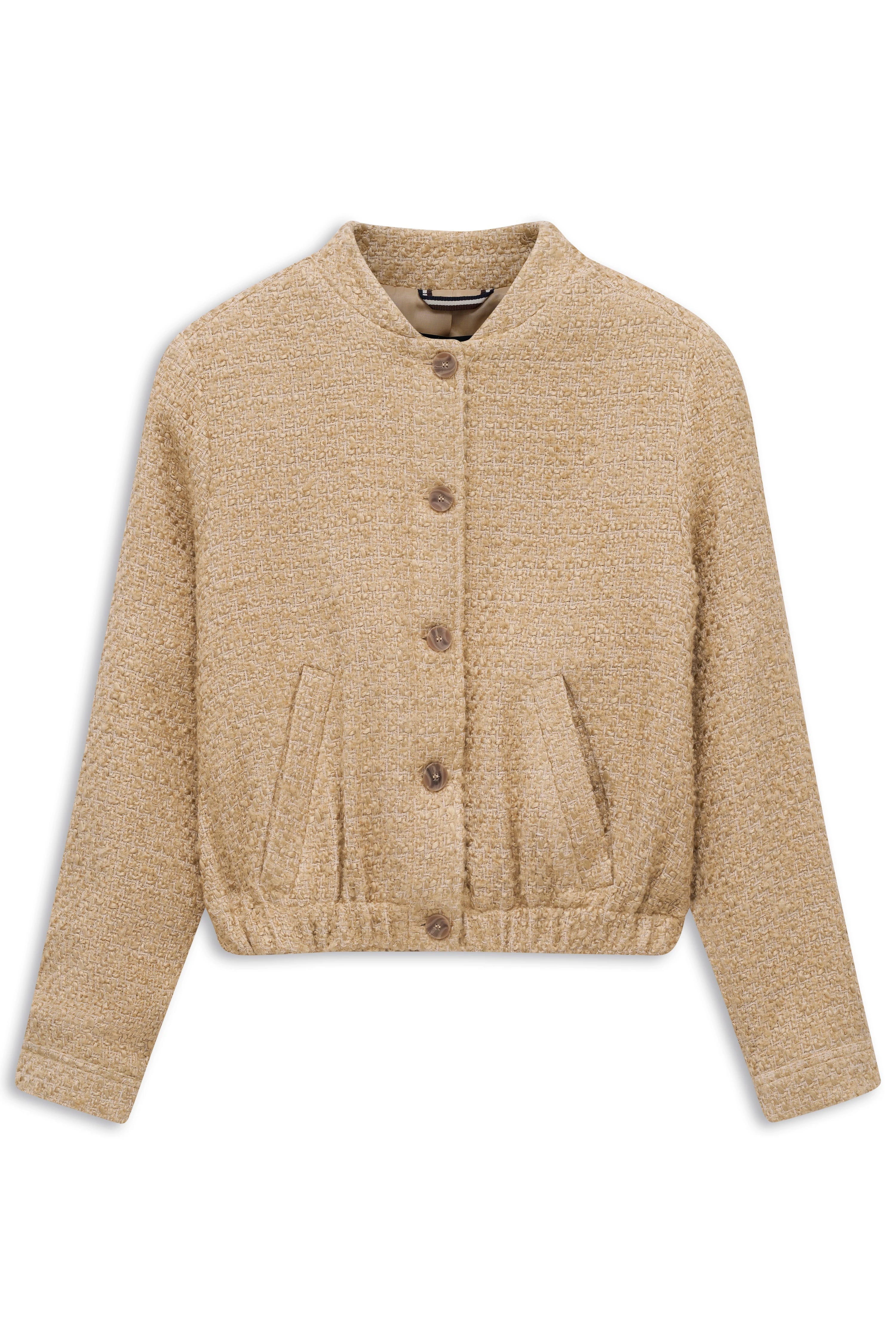 Beige bugatti Jacke aus Tweed mit Rundhalsausschnitt und Knopfverschluss, Büstenbild.