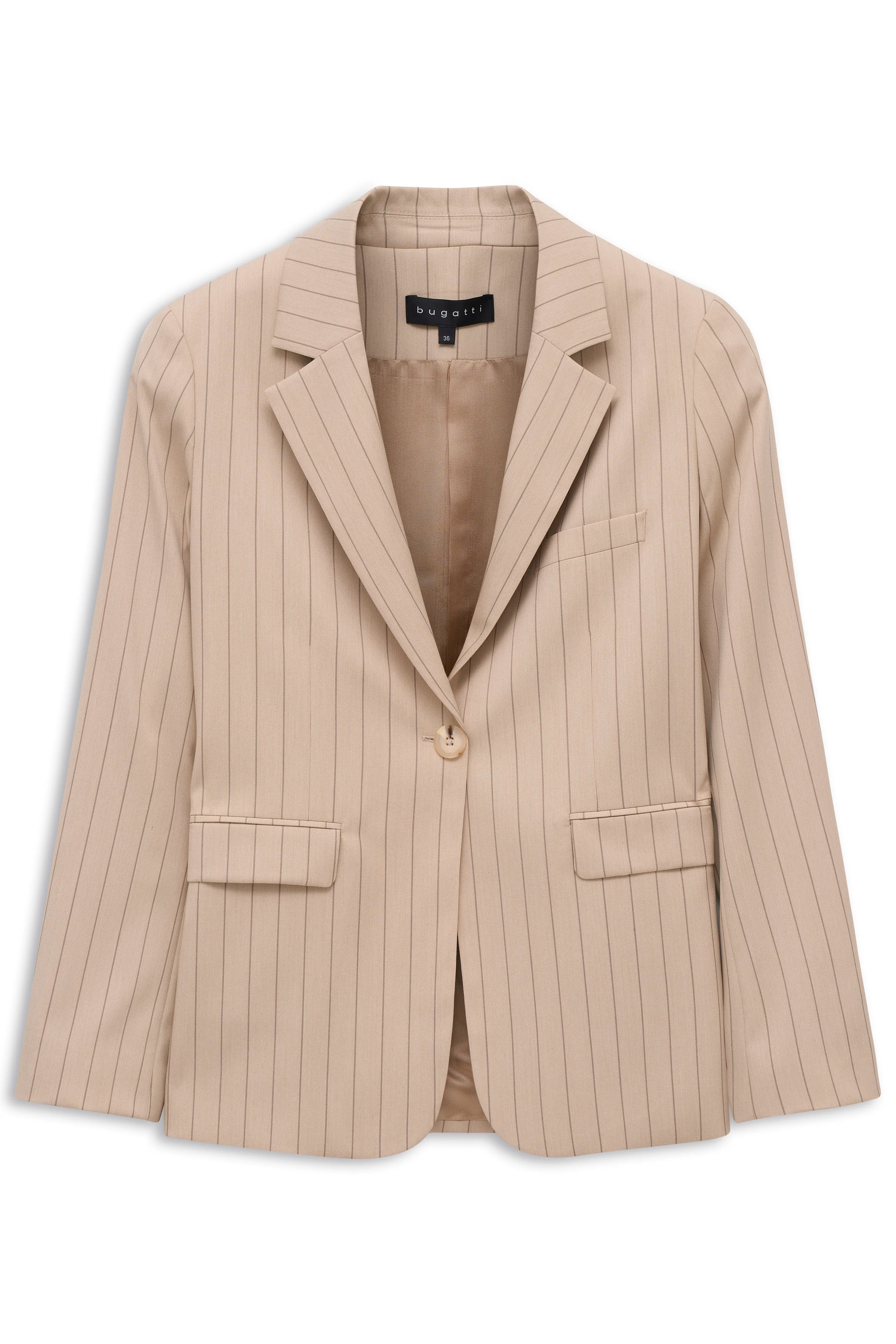 Beiger bugatti Blazer mit feinen Streifen, Büstenbild, zeitlose Eleganz.