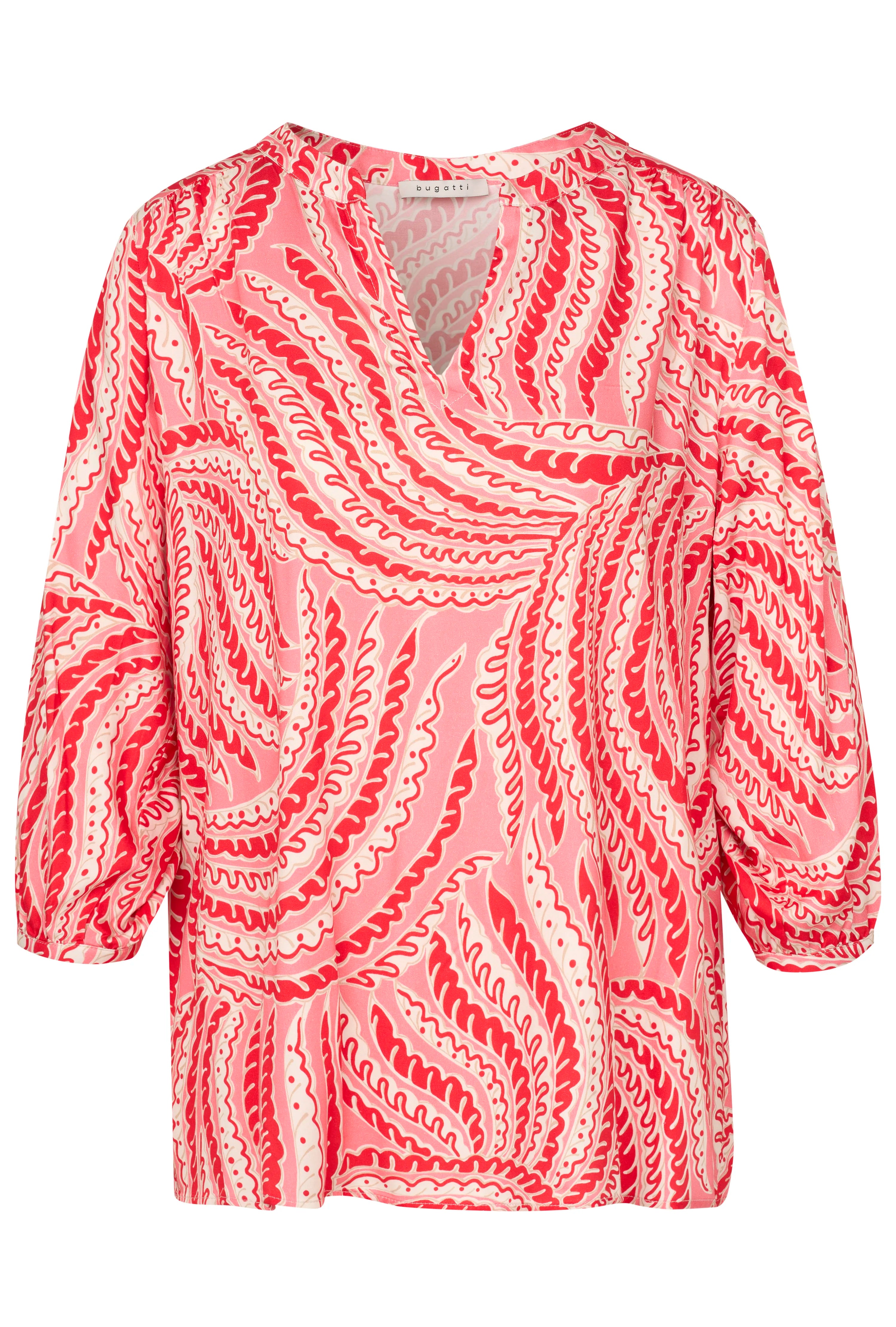 Bluse von bugatti in Rot und Rosa mit abstraktem Muster, Büstenbild.