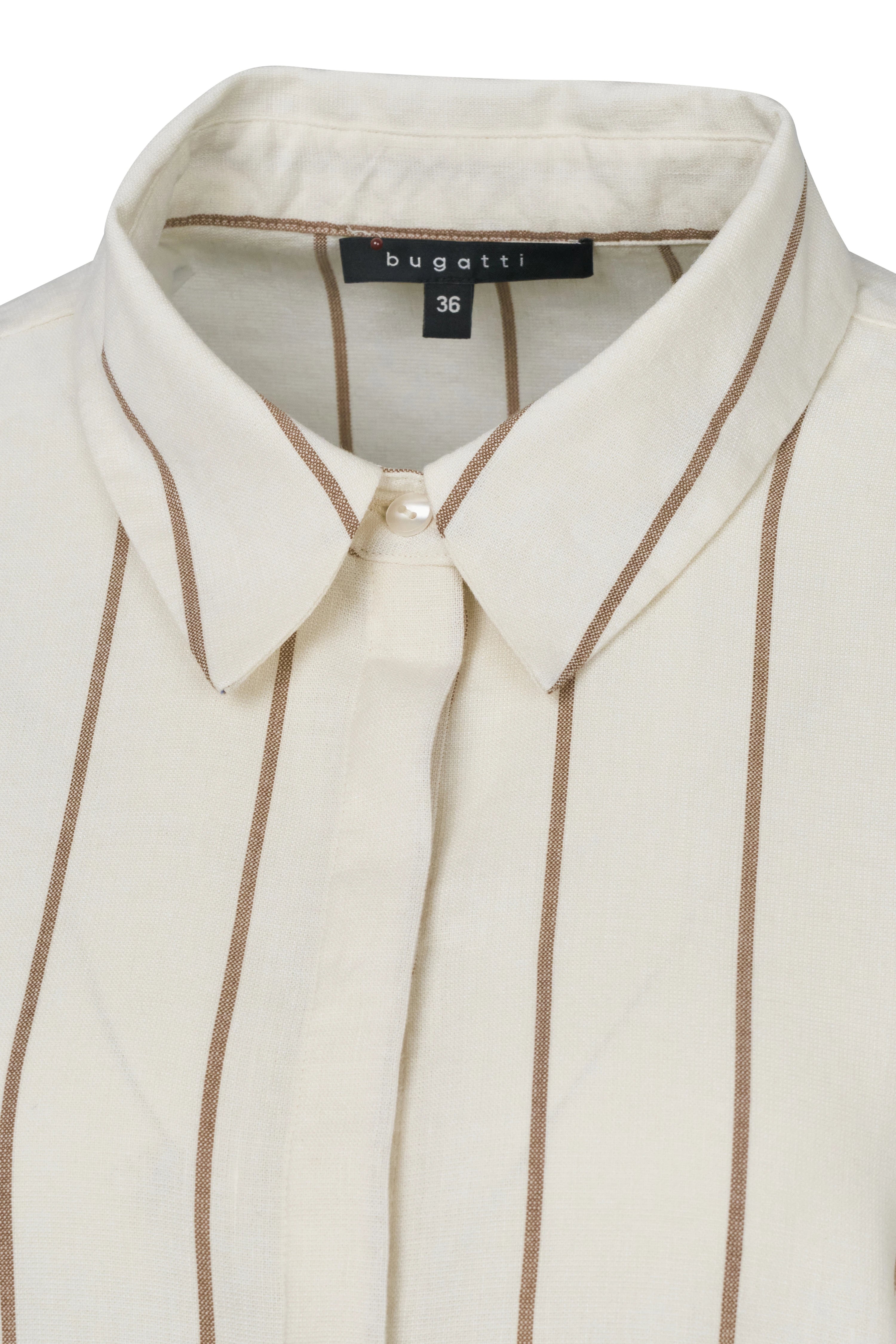 Beige gestreiftes bugatti Hemd, Büstenbild, eleganter Kragen, zeitloses Design.