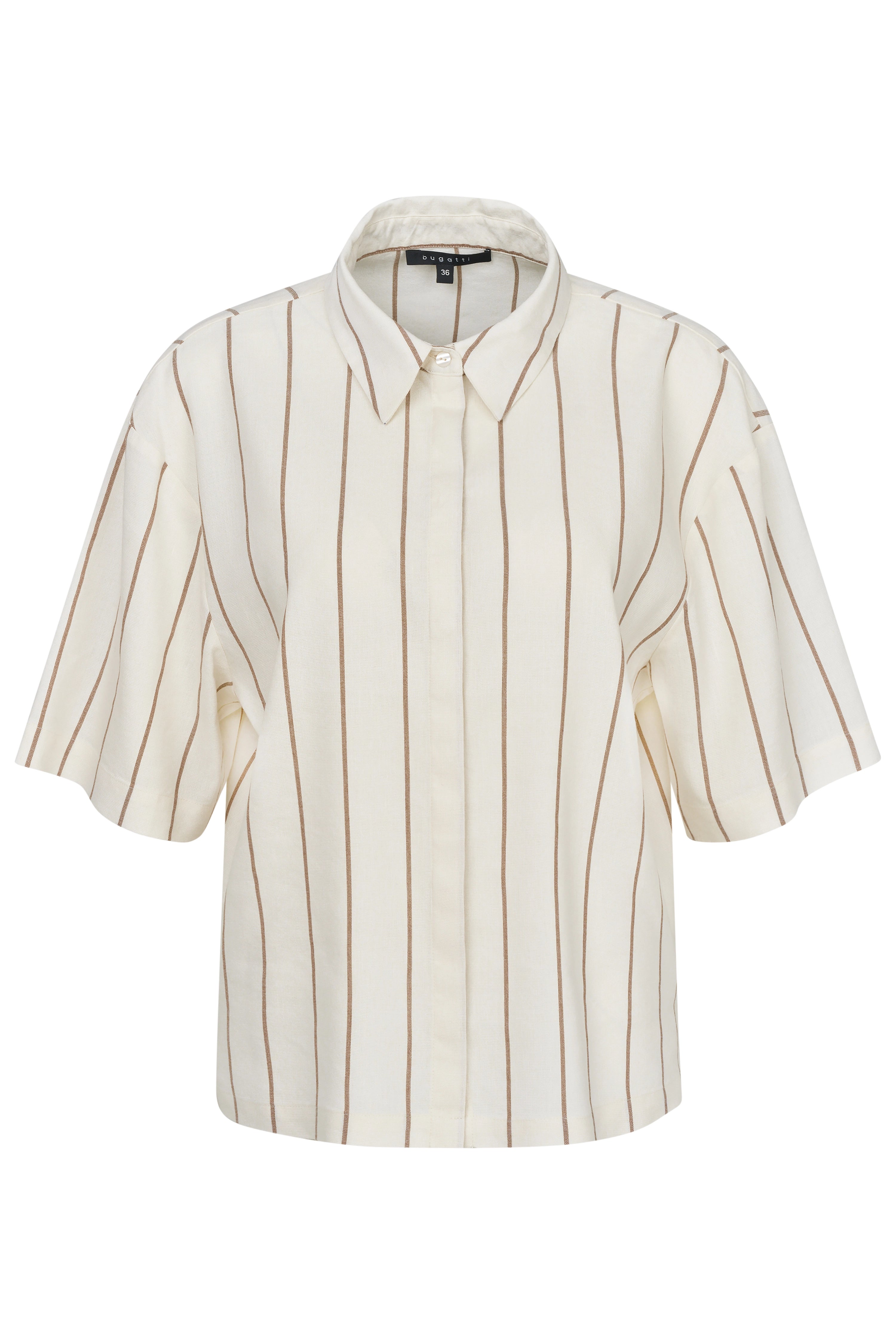 bugatti cremefarbene Bluse mit braunen Streifen, Büstenbild, zeitlos und elegant.