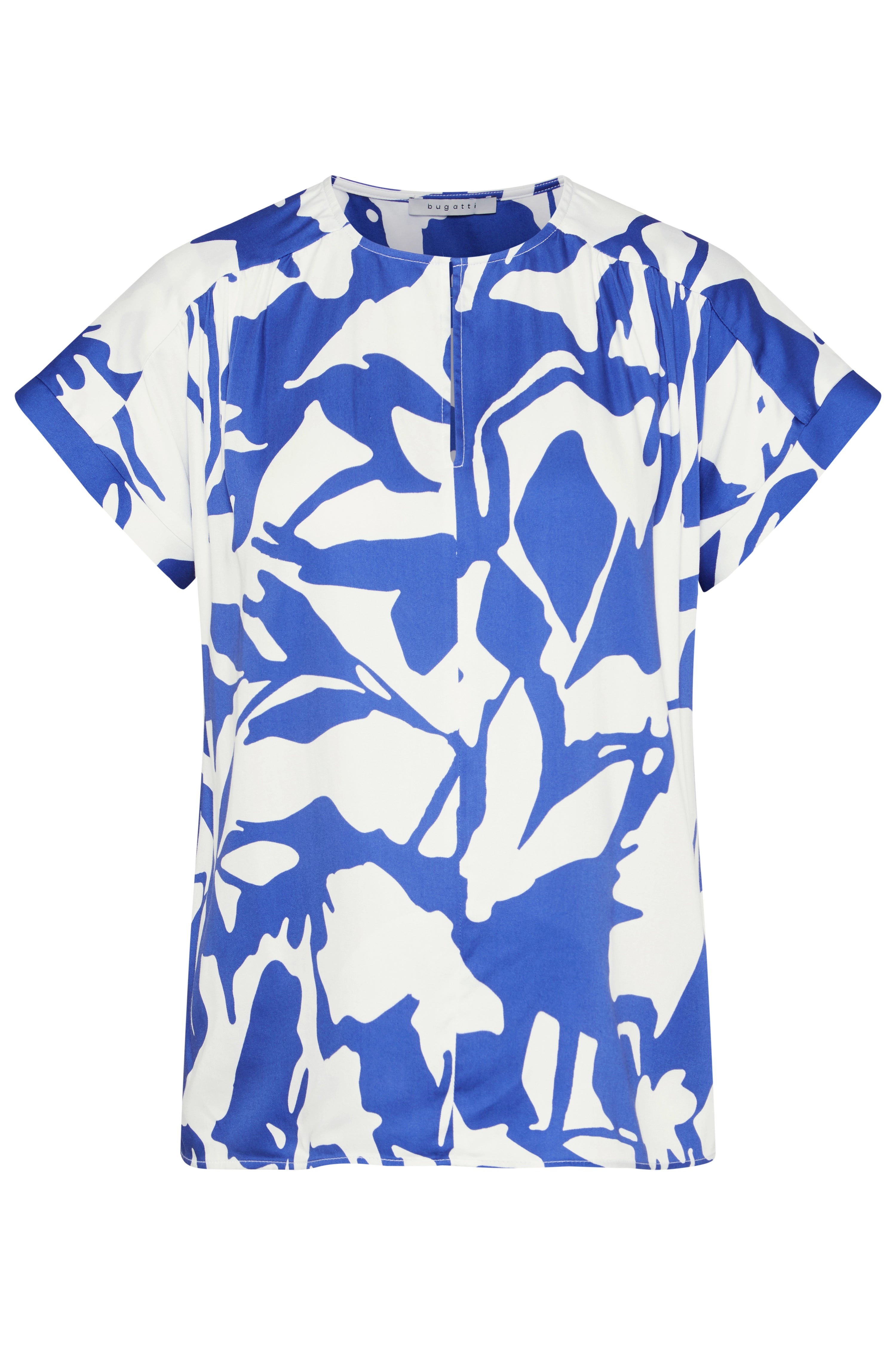 Blau-weißes bugatti Shirt mit abstraktem Muster, Kurzarm, Büstenbild.