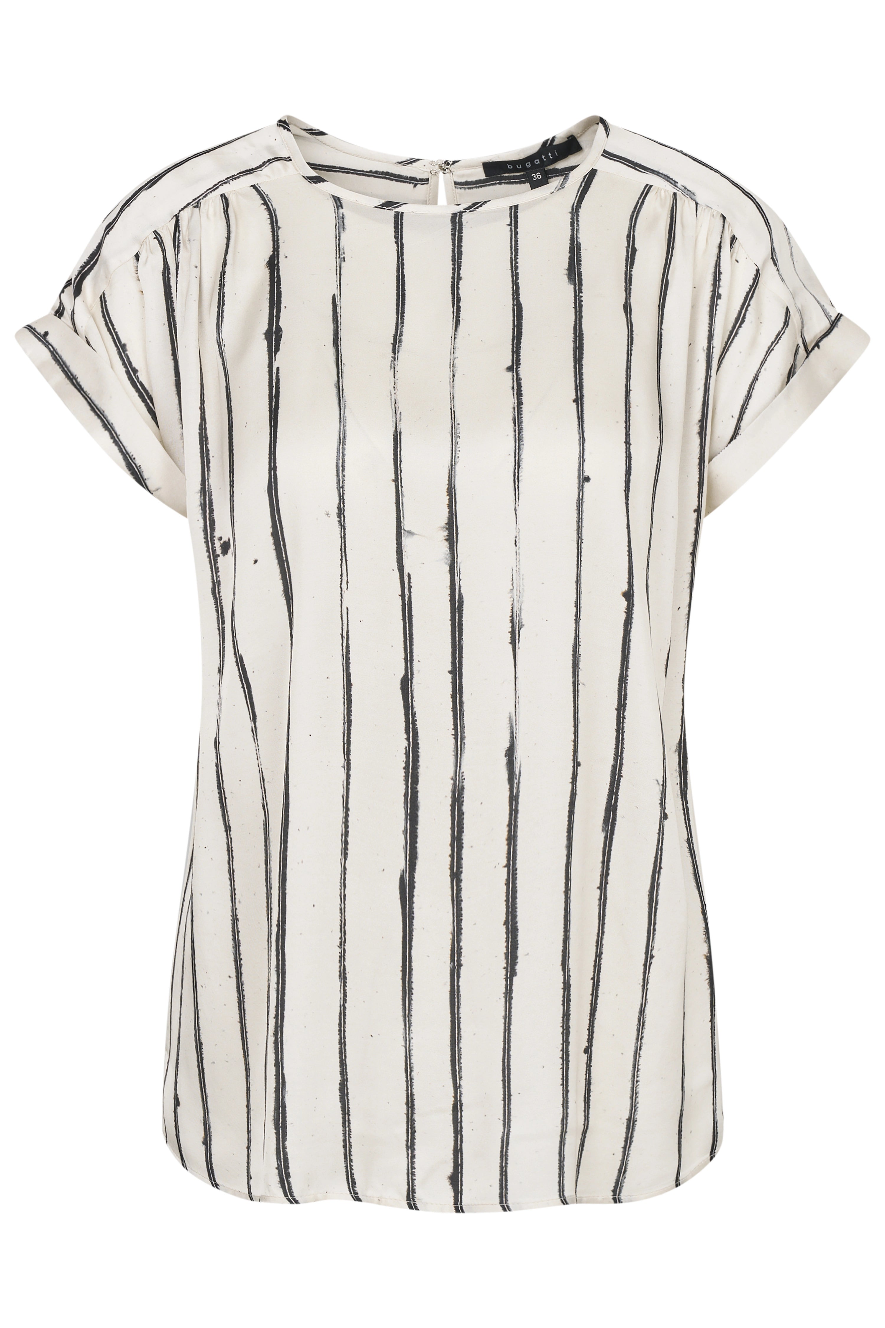 Weiße bugatti Bluse mit schwarzen Streifen, kurzärmlig, Büstenbild.