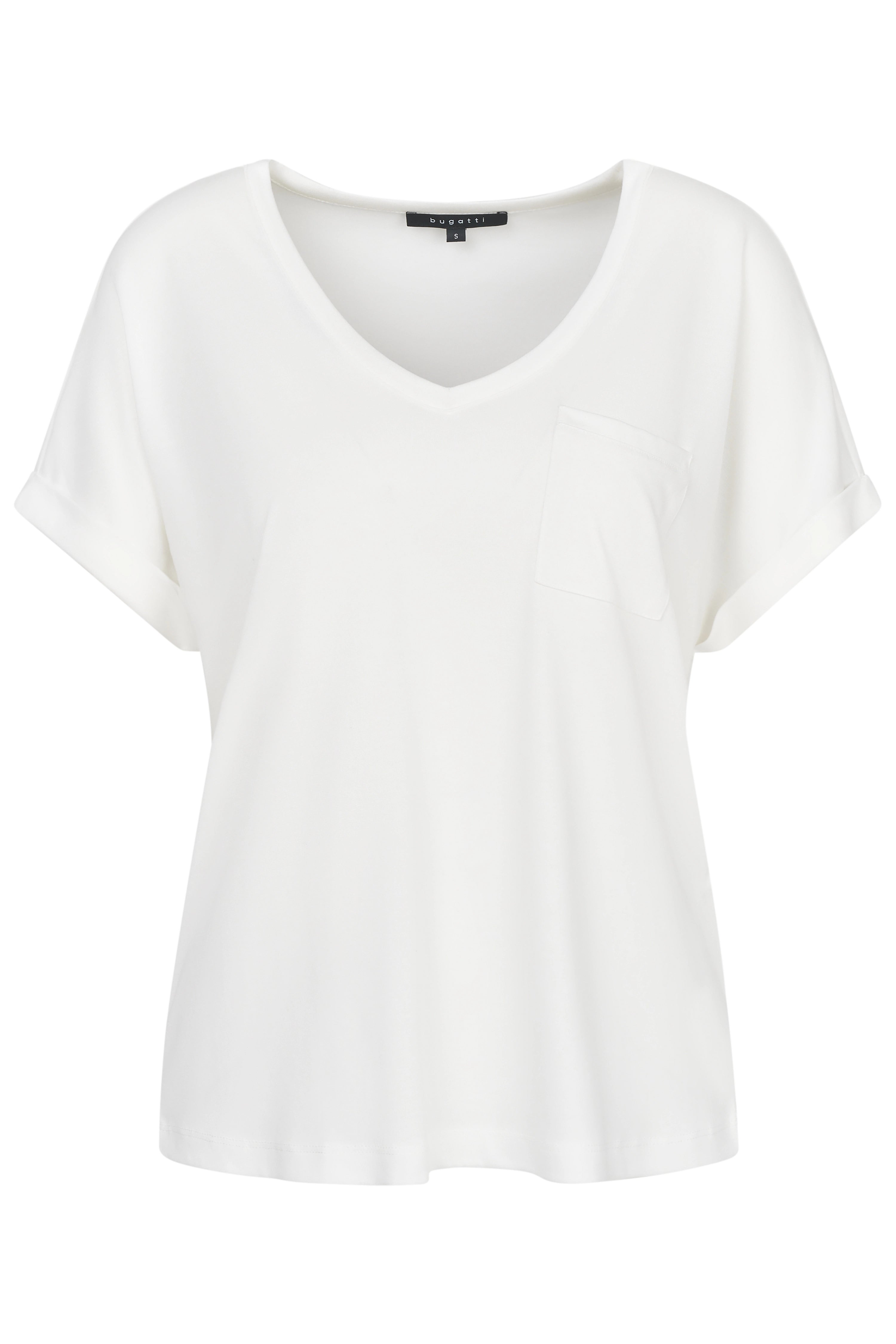 Witte bugatti blouse met V-hals, borstzak en omgeslagen mouwen, buste-afbeelding.
