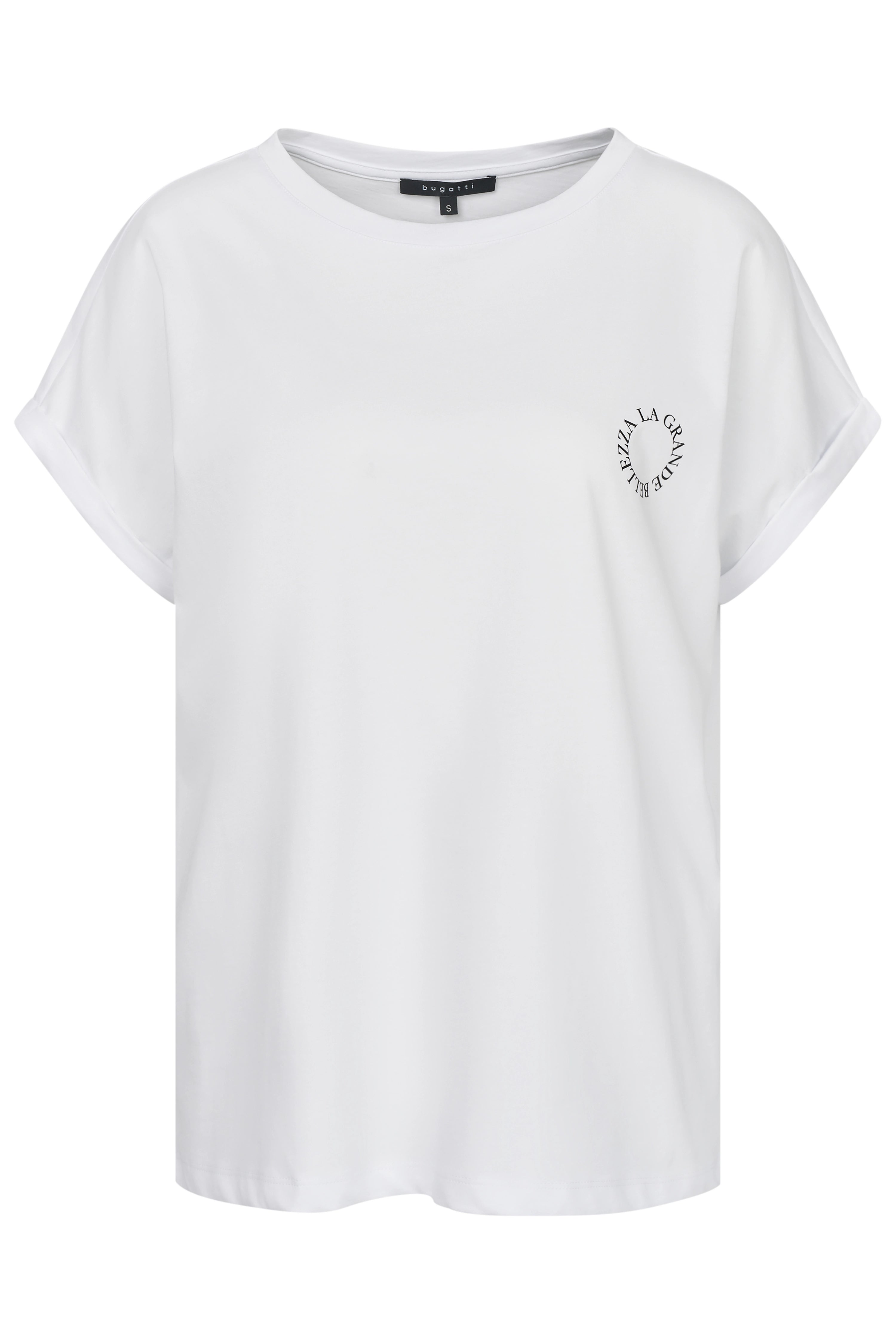 Weißes bugatti T-Shirt mit Aufdruck, legeres Büstenbild.