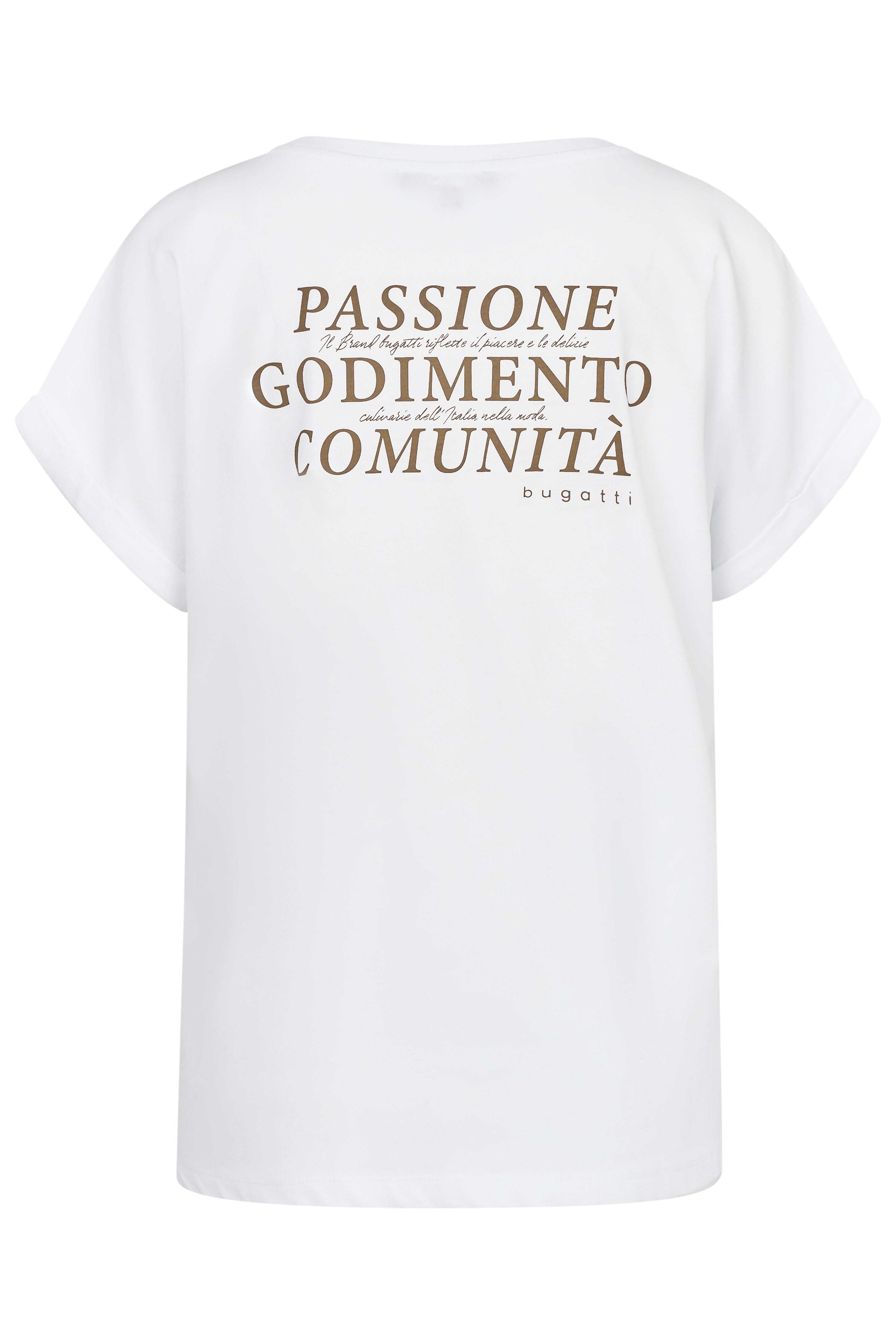 Weißes T-Shirt mit braunem Schriftzug "Passione Godimento Comunità" von bugatti, Büstenbild.