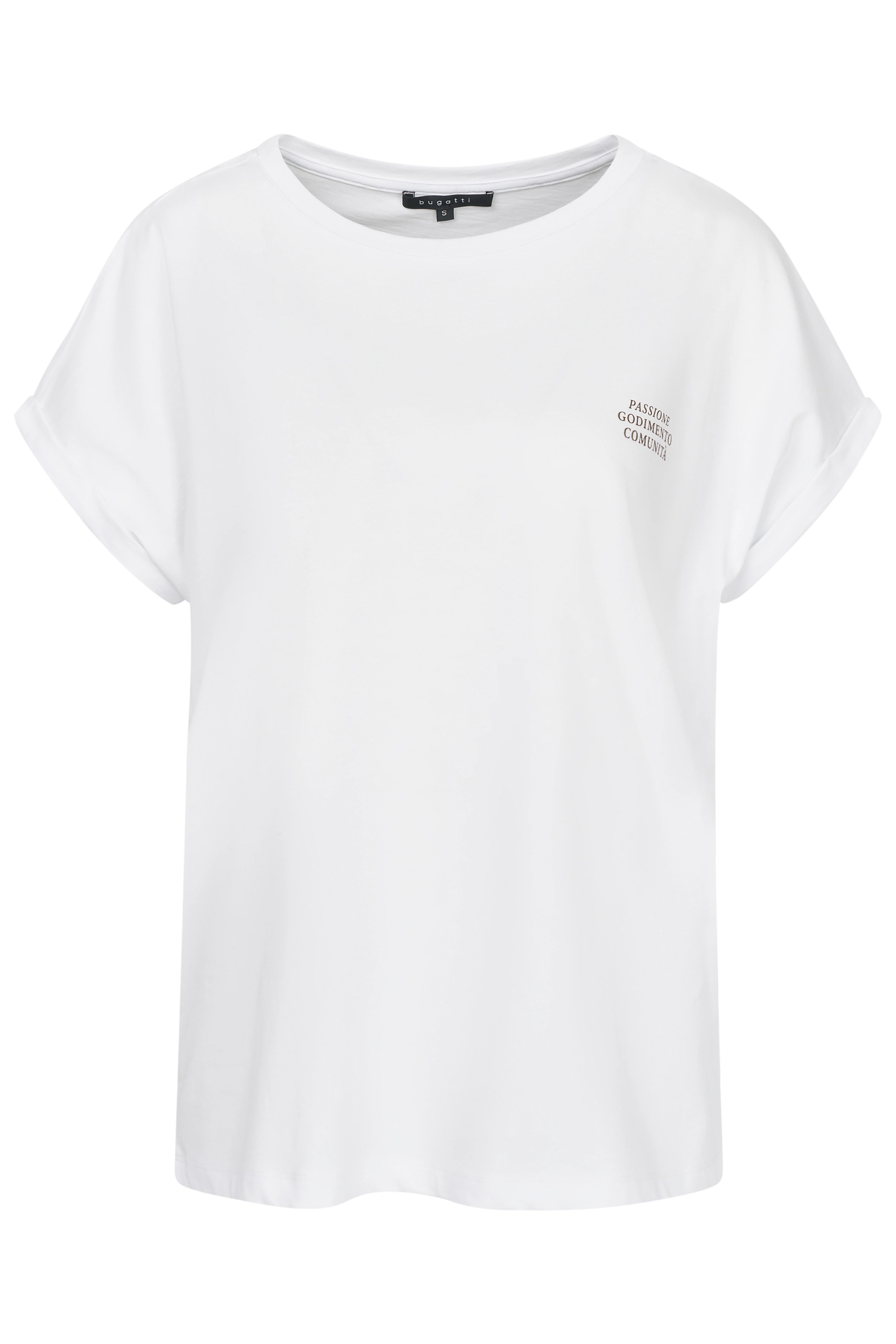 Weißes bugatti T-Shirt, Büstenbild, mit kleinem Schriftzug auf Brust.