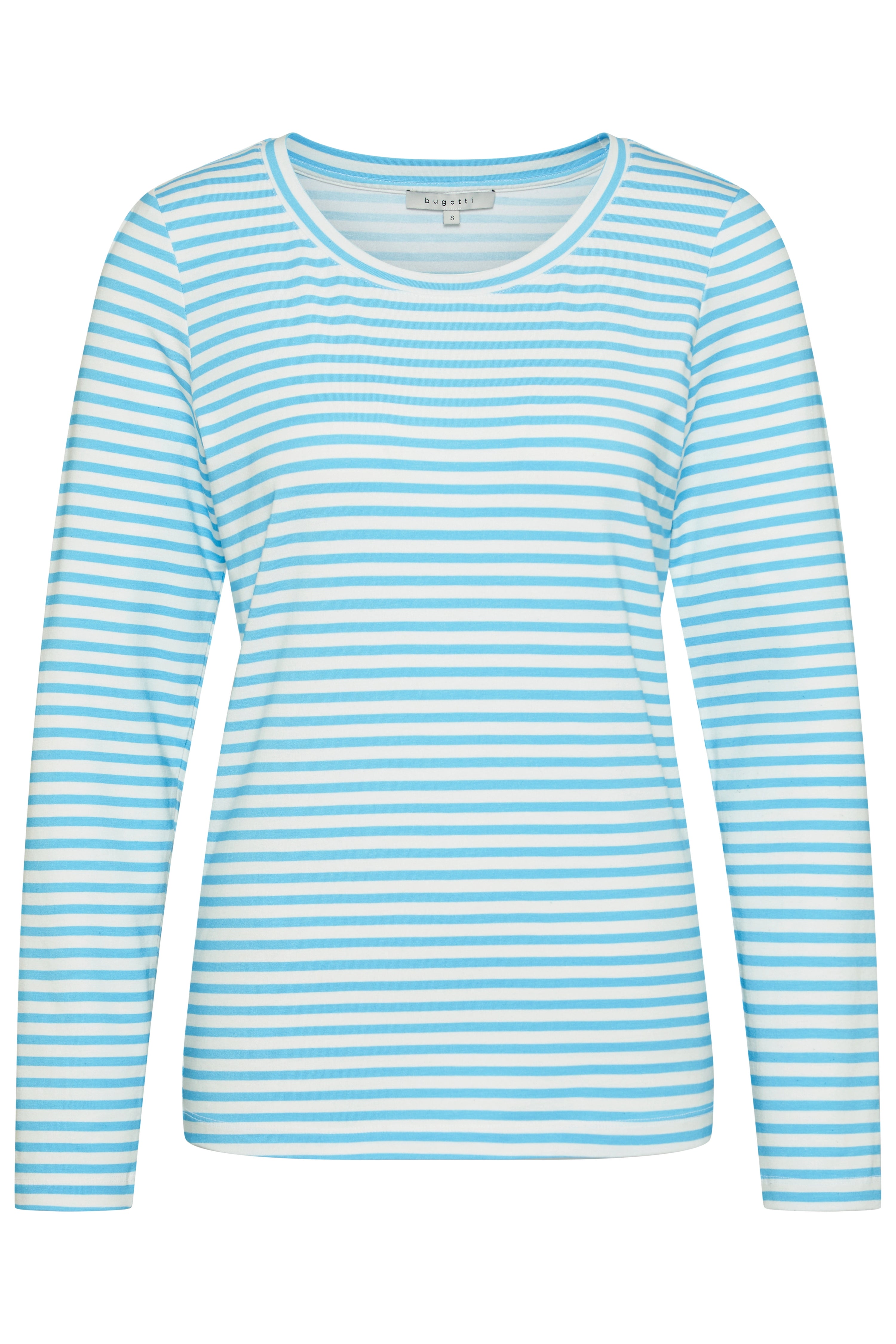 Langarmshirt von bugatti, weiß-blau gestreift, Büstenbild.