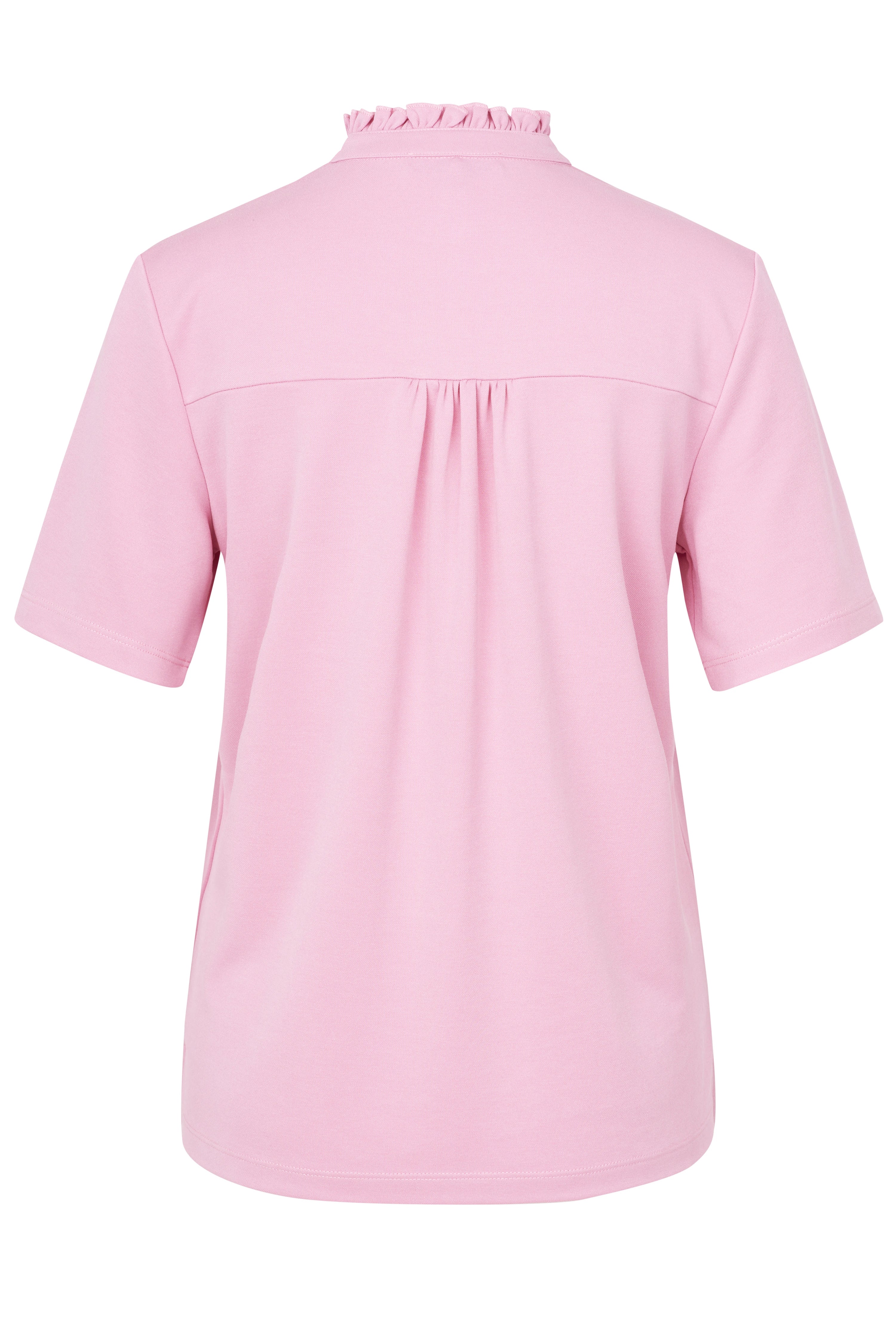 Rosa bugatti T-Shirt mit Rüschenkragen, Rückenansicht, legeres Büstenbild.