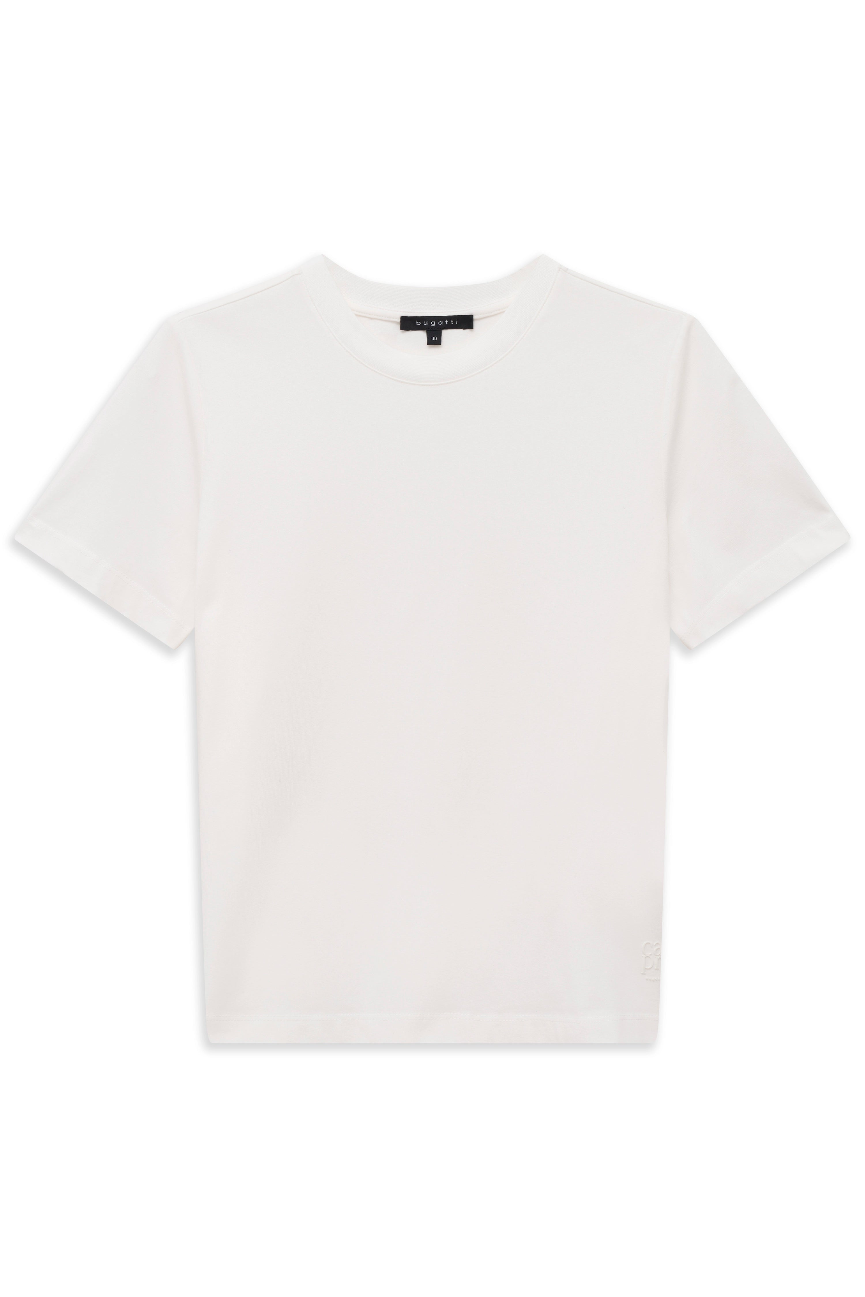 Weißes bugatti T-Shirt, minimalistisches Design, Büstenbild.