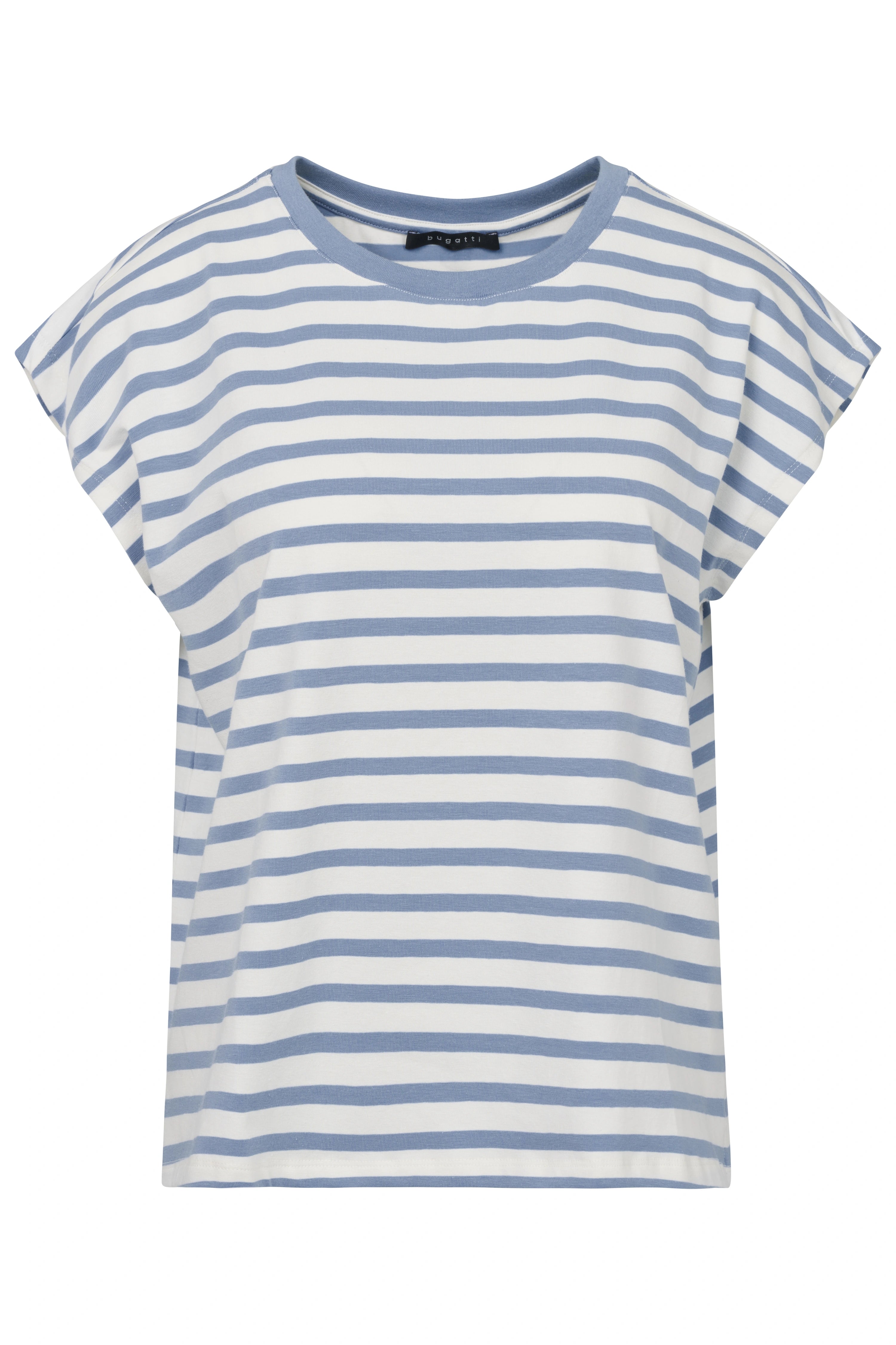 Blau-weiß gestreiftes T-Shirt von bugatti, Büstenbild, zeitloses Design für stilvolle Gelassenheit.