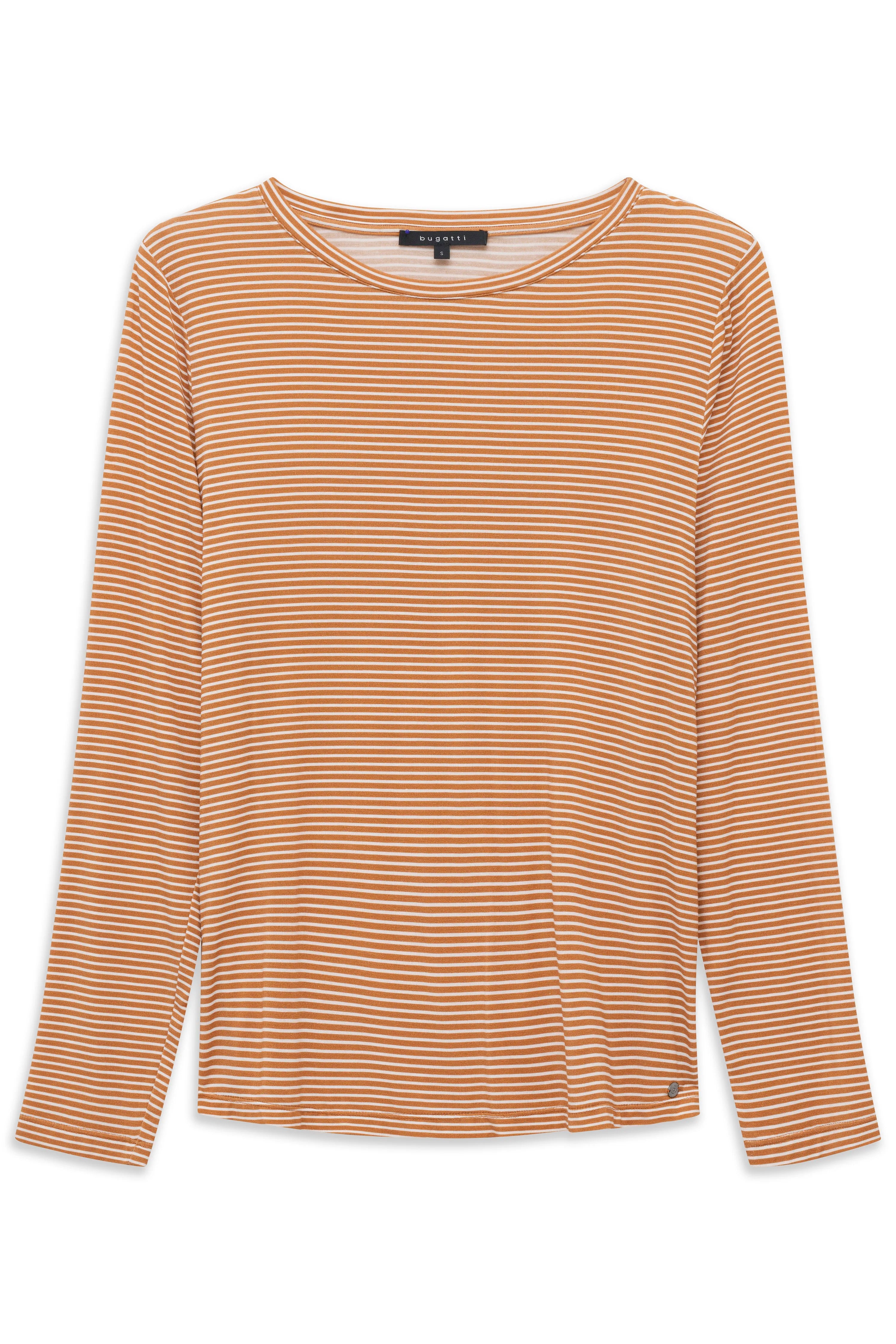 Gestreiftes bugatti Langarmshirt in Orange-Weiß, legeres Büstenbild.