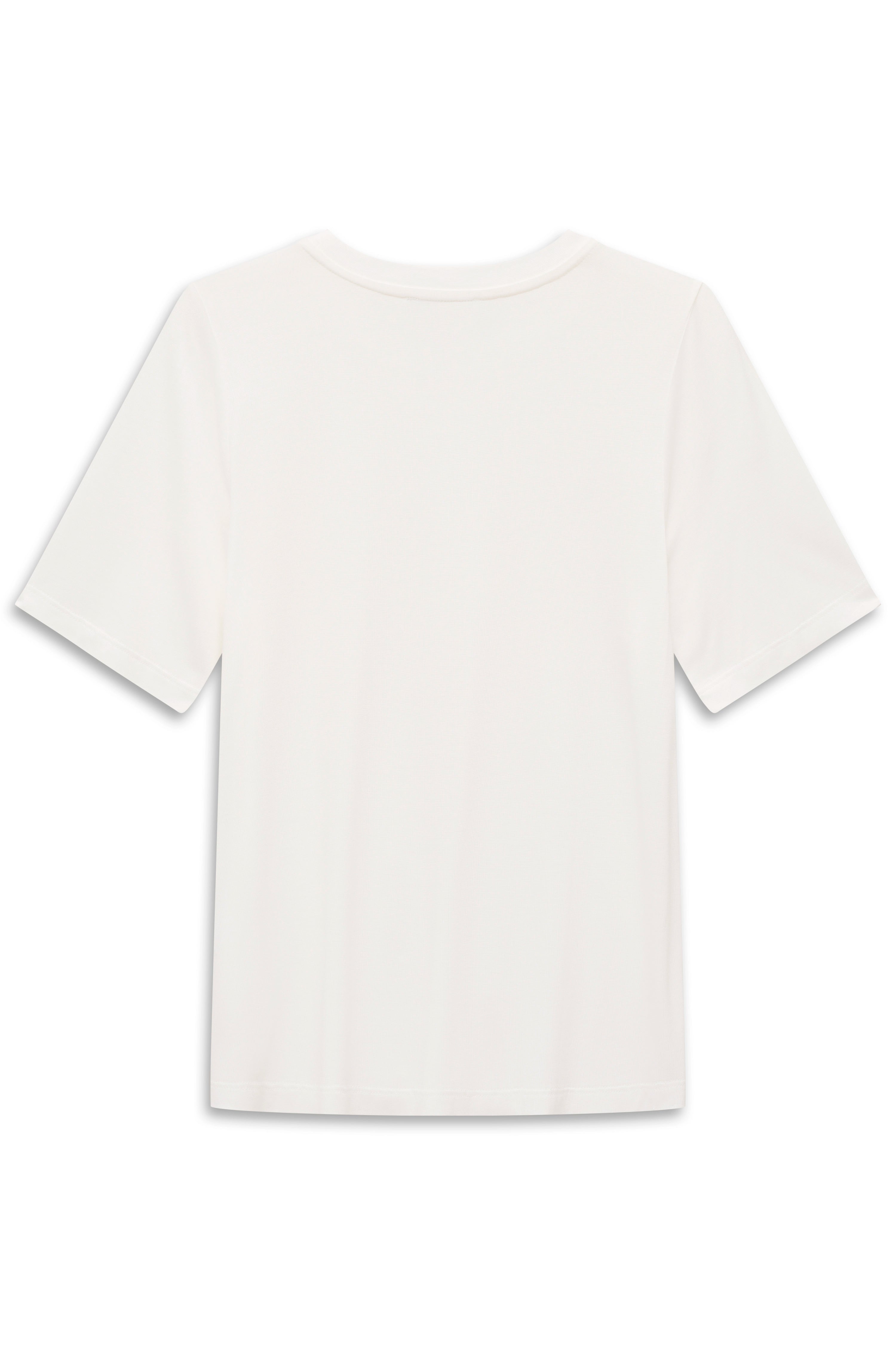Weißes bugatti T-Shirt, Rückansicht, schlichtes Design, hochwertiges Material, leger präsentiert.
