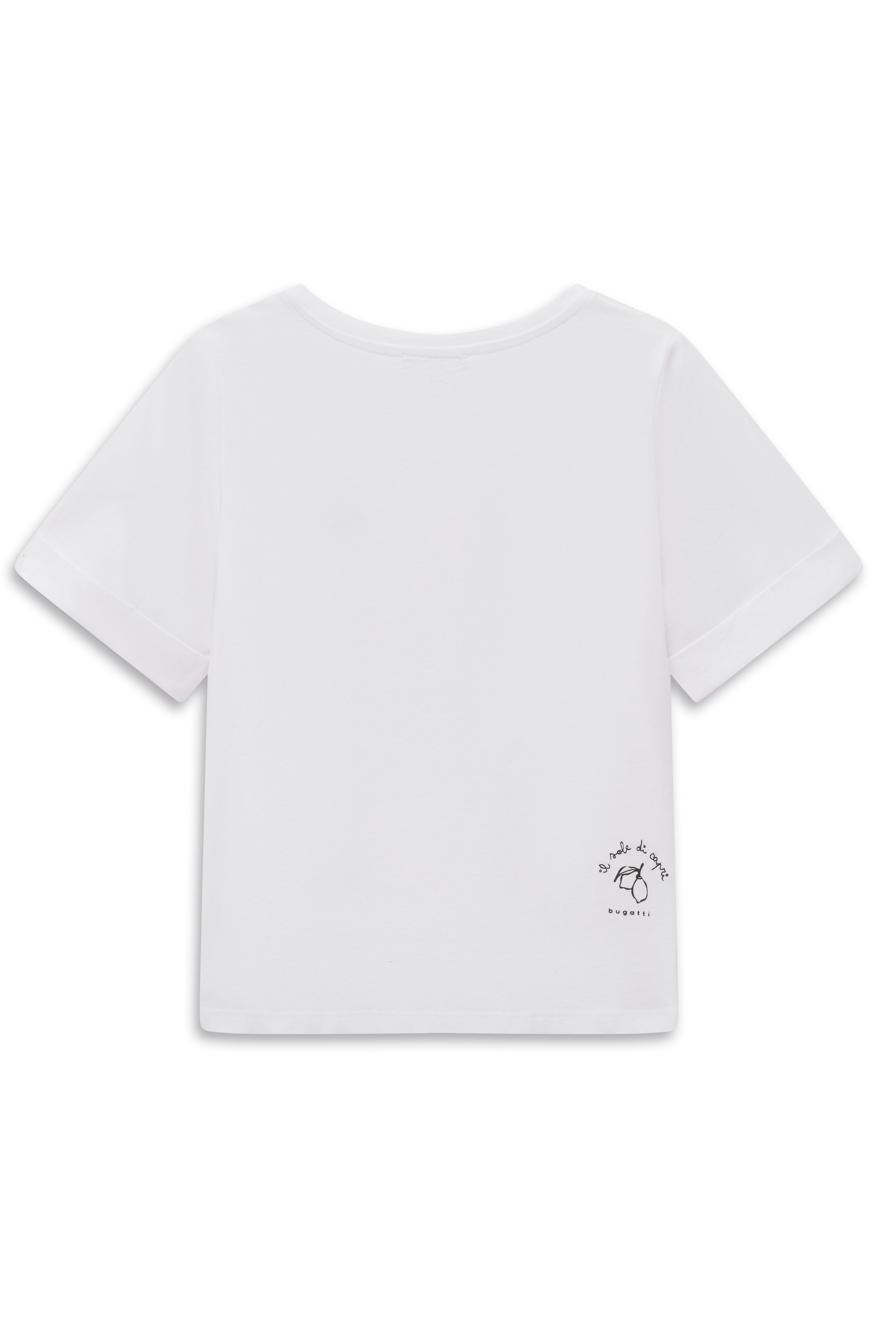 Weißes T-Shirt von bugatti mit kleinem Druck auf der Rückseite, leger präsentiert.