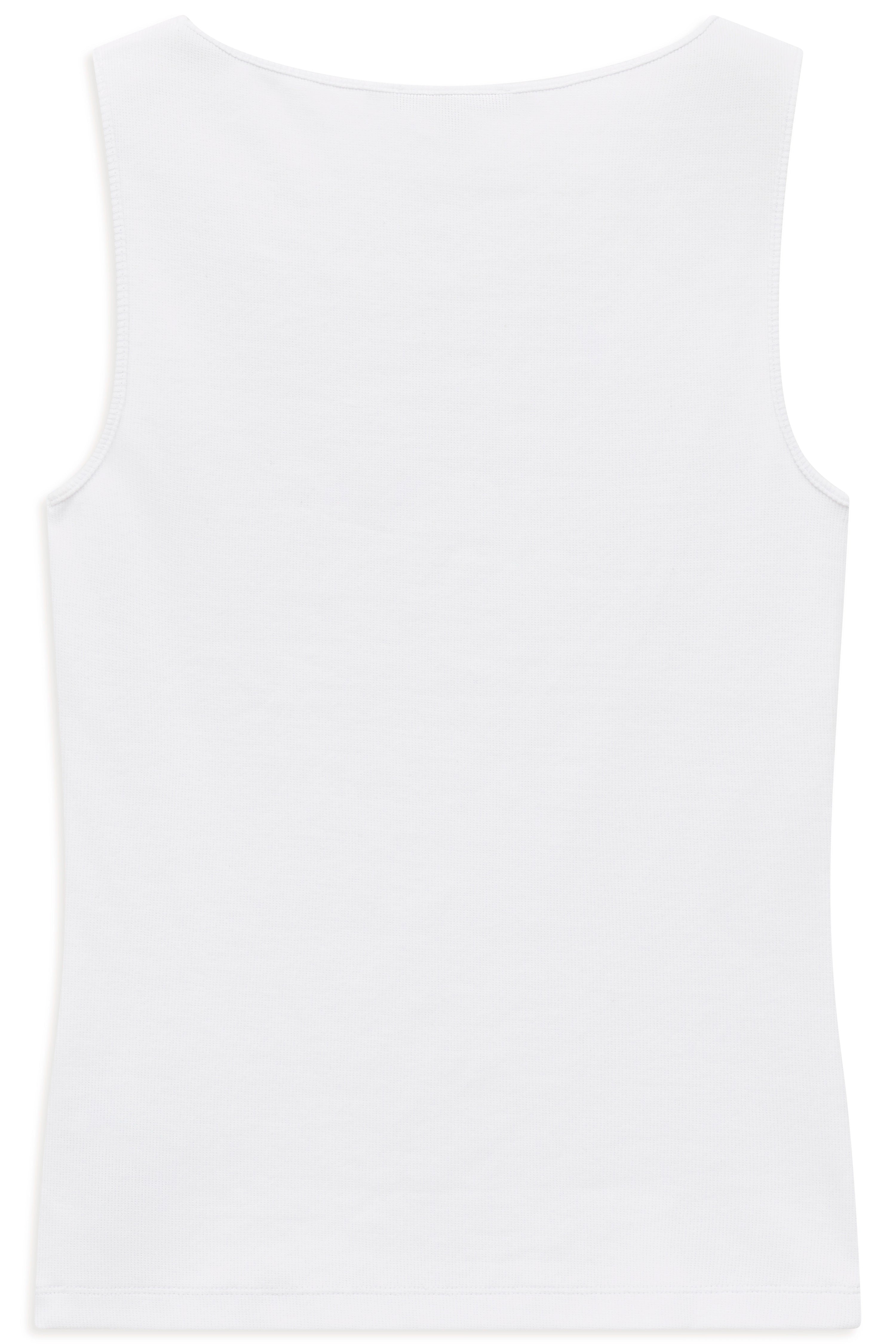 Weißes bugatti Tanktop, ärmellos, auf Büste präsentiert. Schlichtes Design, ideal für elegante Casual-Outfits.