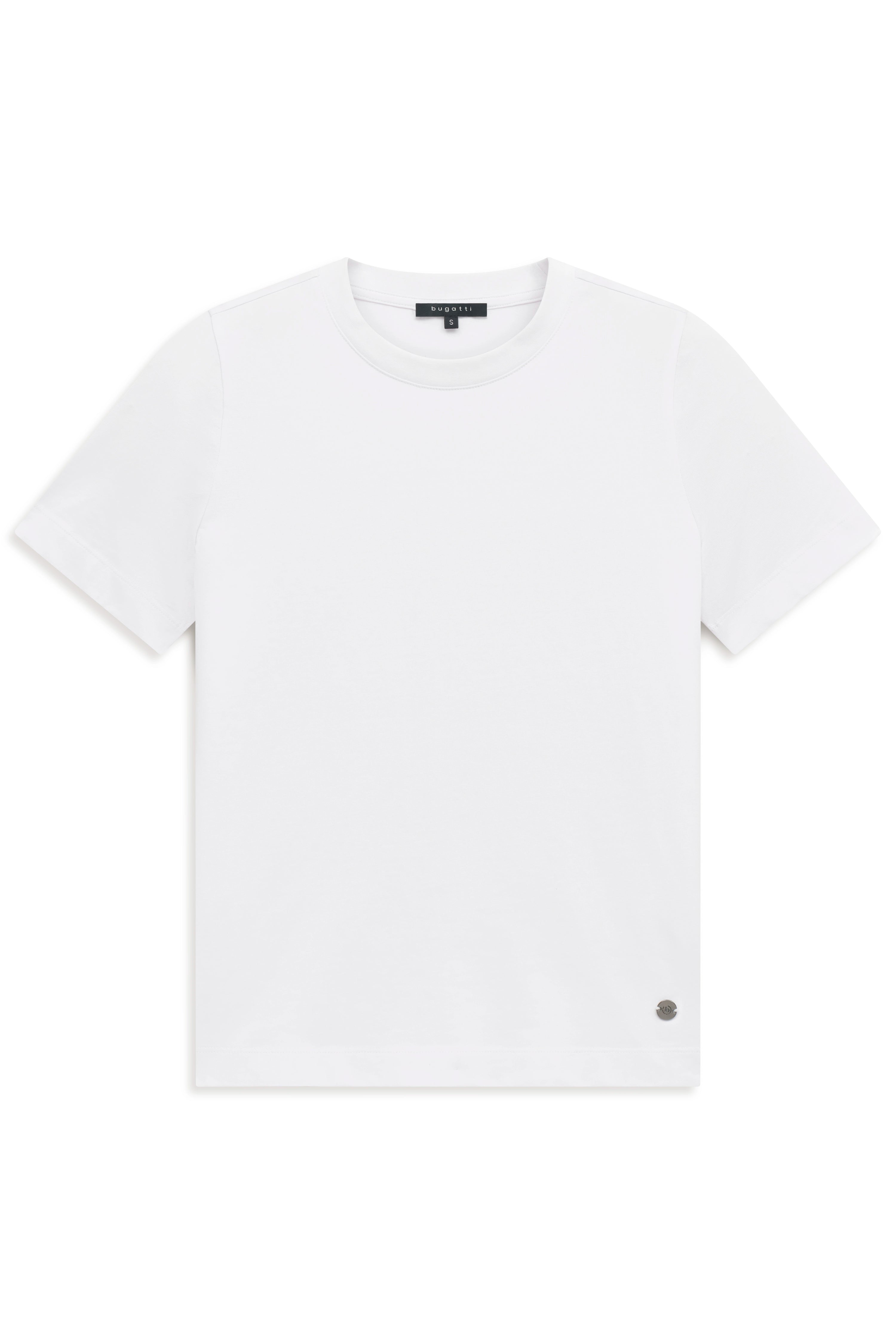 Weißes bugatti T-Shirt, schlichtes Design, Büstenbild, hochwertig und stilvoll.