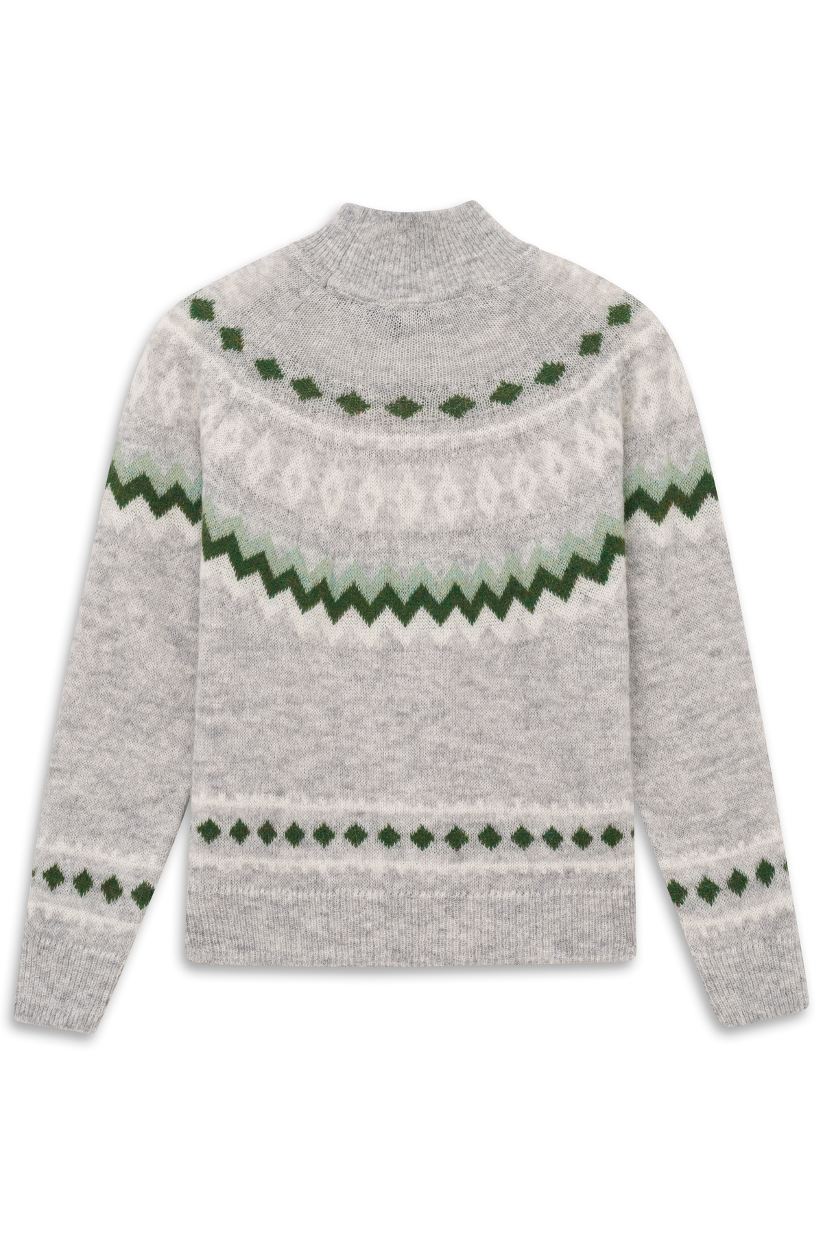 Grauer bugatti Pullover mit grünem Zickzack- und Rautenmuster, Büstenbild.