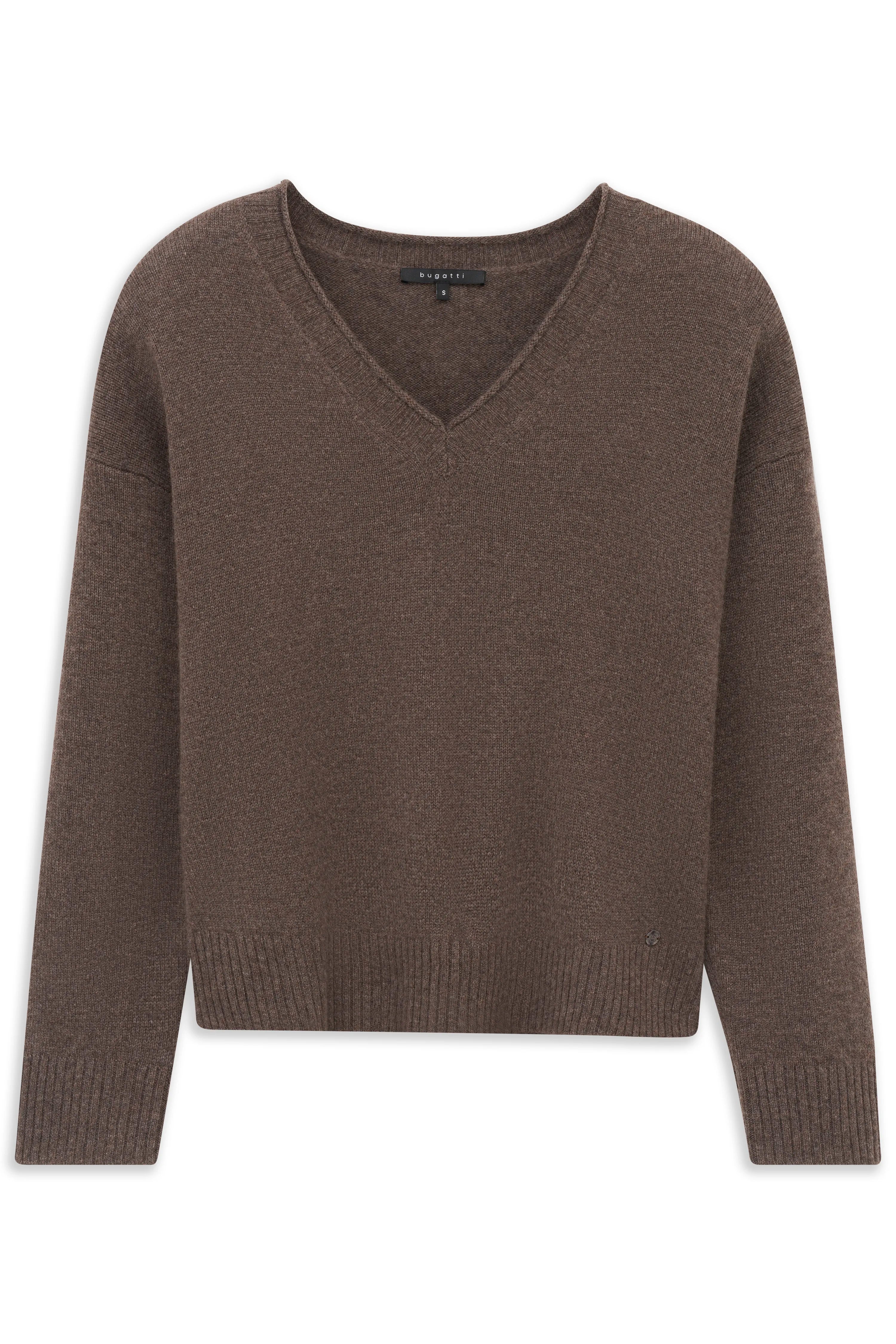Brauner V-Ausschnitt Pullover, Büstenbild, von bugatti, zeitloser Stil.