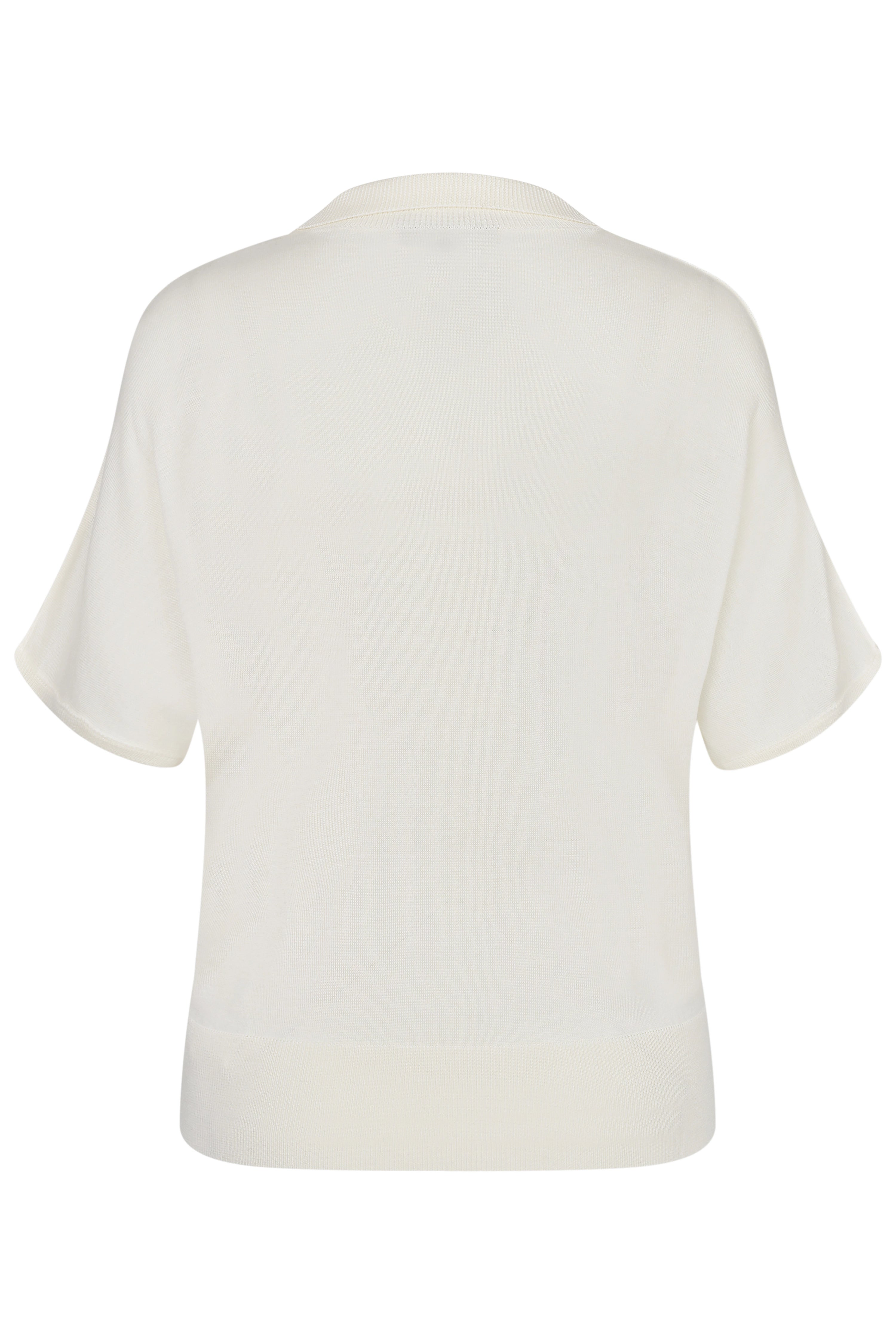 Weißer bugatti Pullover, kurzarm, Rückenansicht, legeres Design.