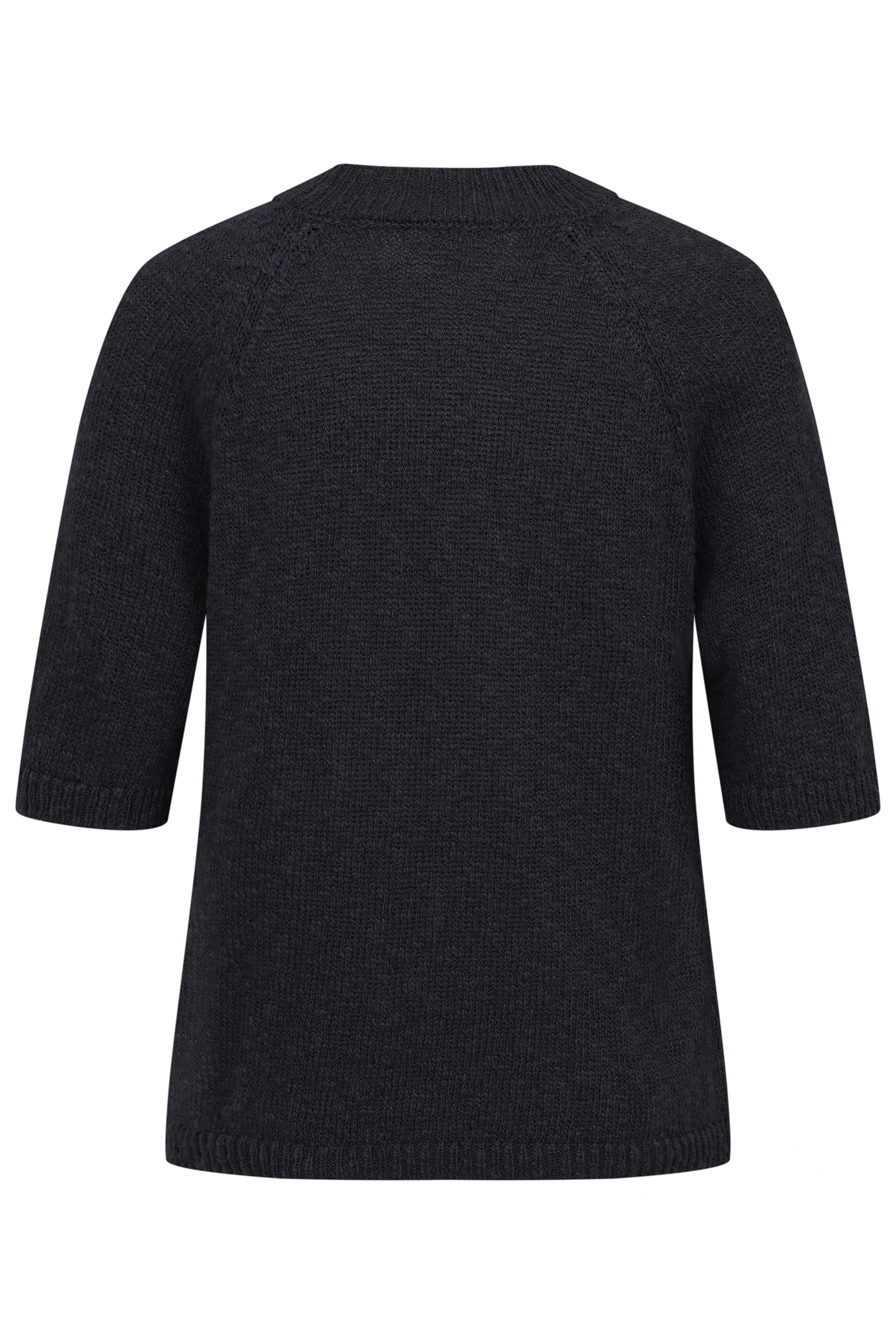 Schwarzer bugatti Strickpullover, halblanger Ärmel, Rückansicht, schlichtes Design.