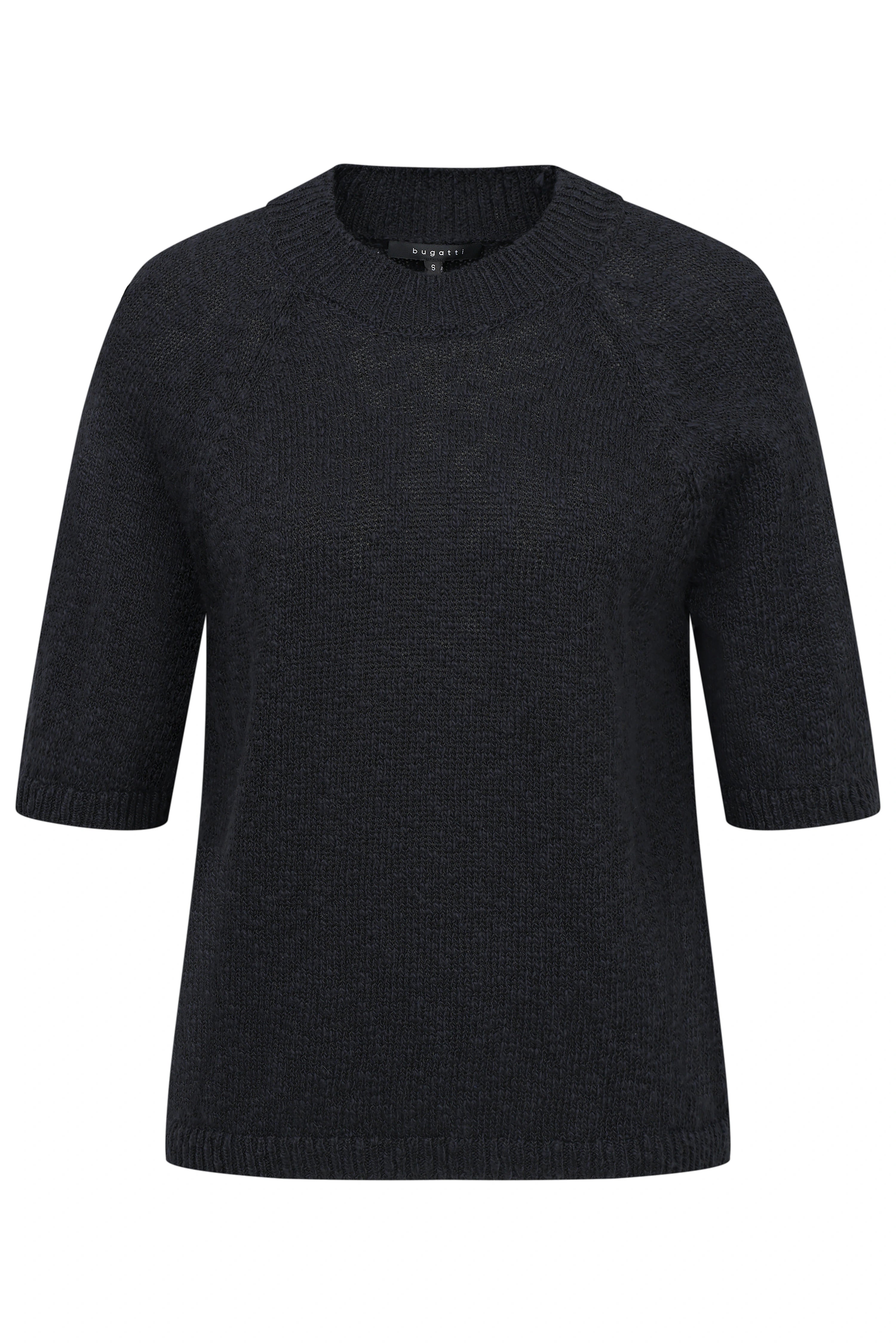 Schwarzer bugatti Pullover, Halbarm, klassisches Design, Büstenbild.