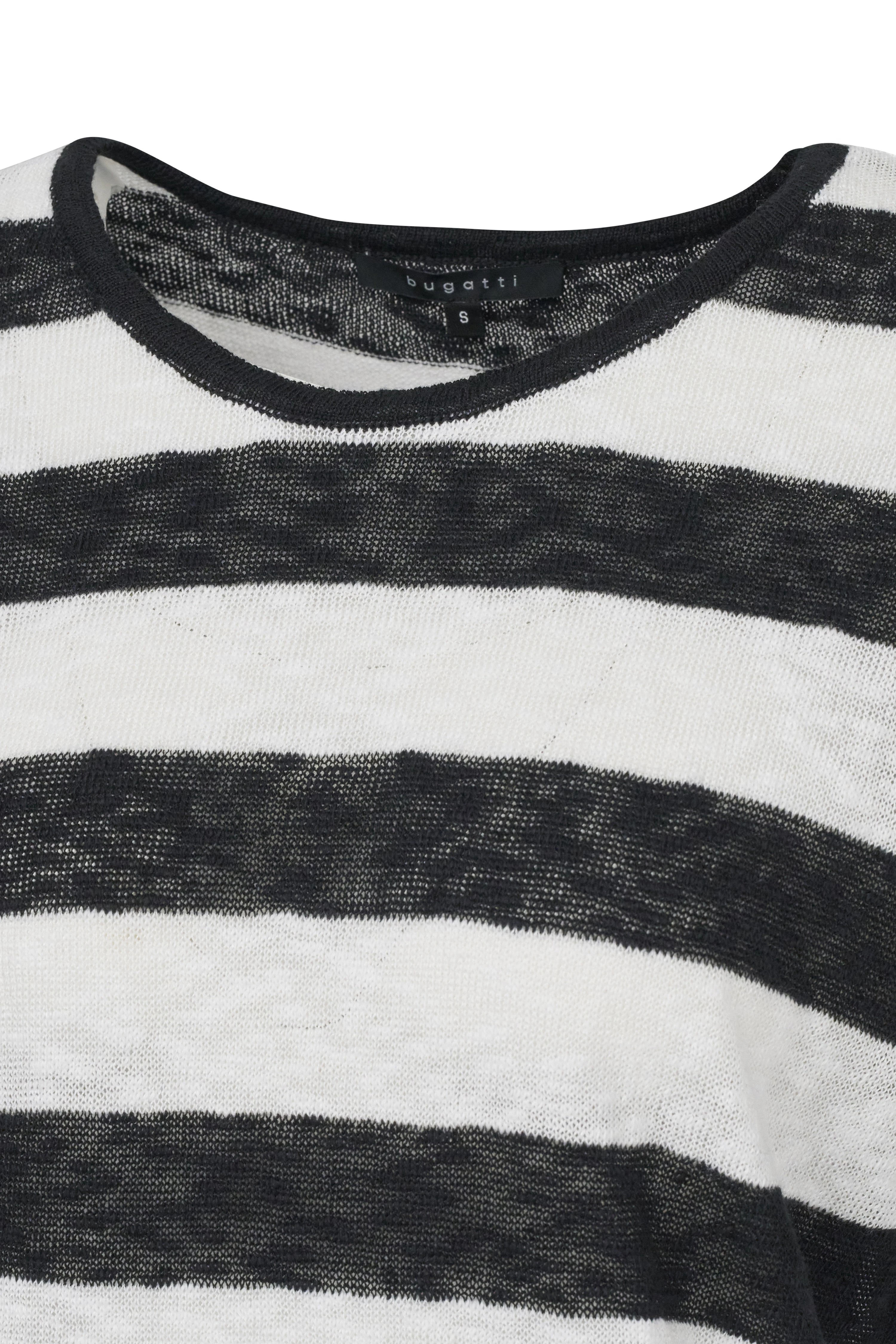 Black and white striped bugatti sweater, bust shot, timeless design.