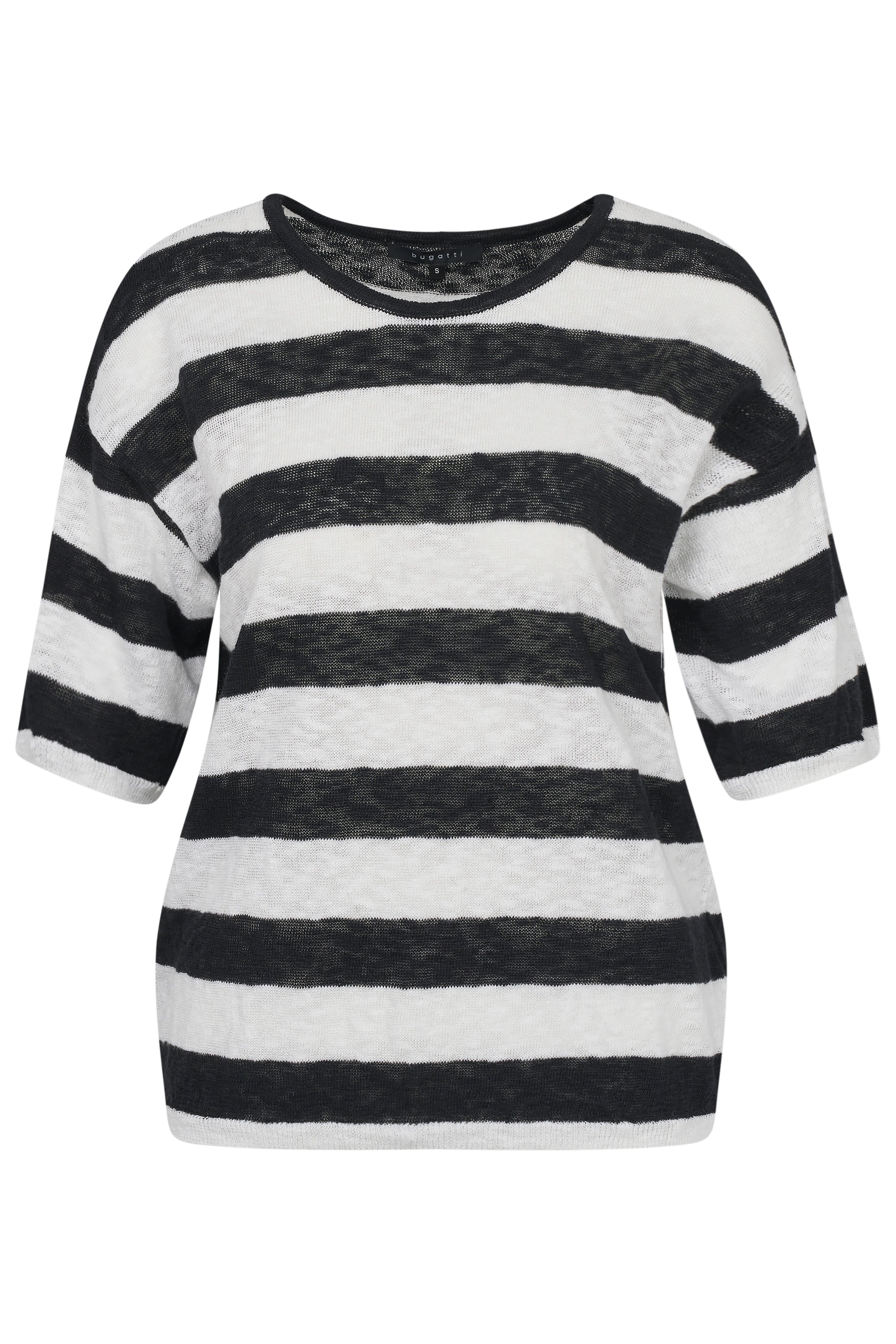 "bugatti gestreifter Pullover in Schwarz-Weiß, Büstenbild, zeitloser Stil, hochwertige Materialien"