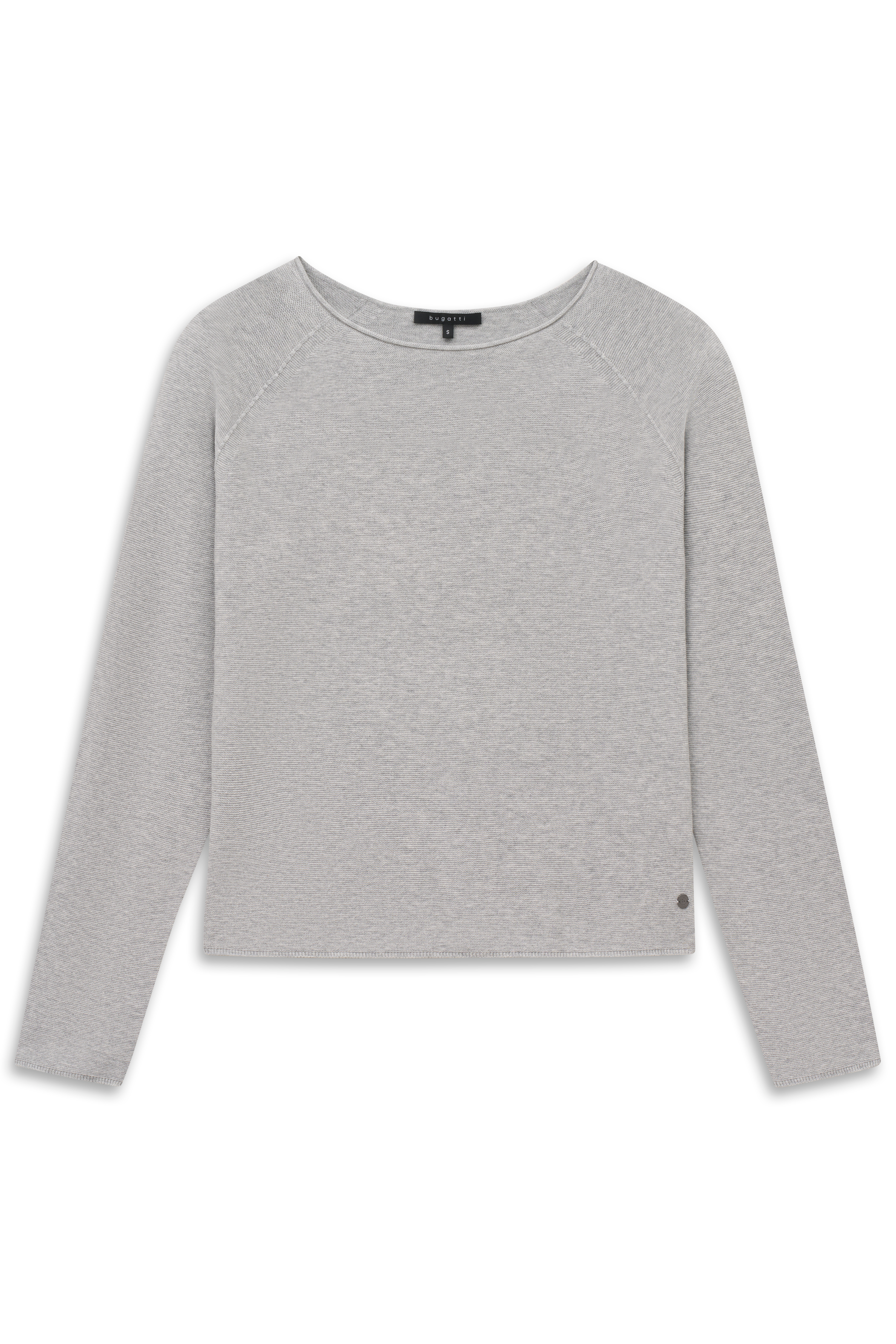 Grauer bugatti Pullover, langärmelig, ausgestellt auf Büste.