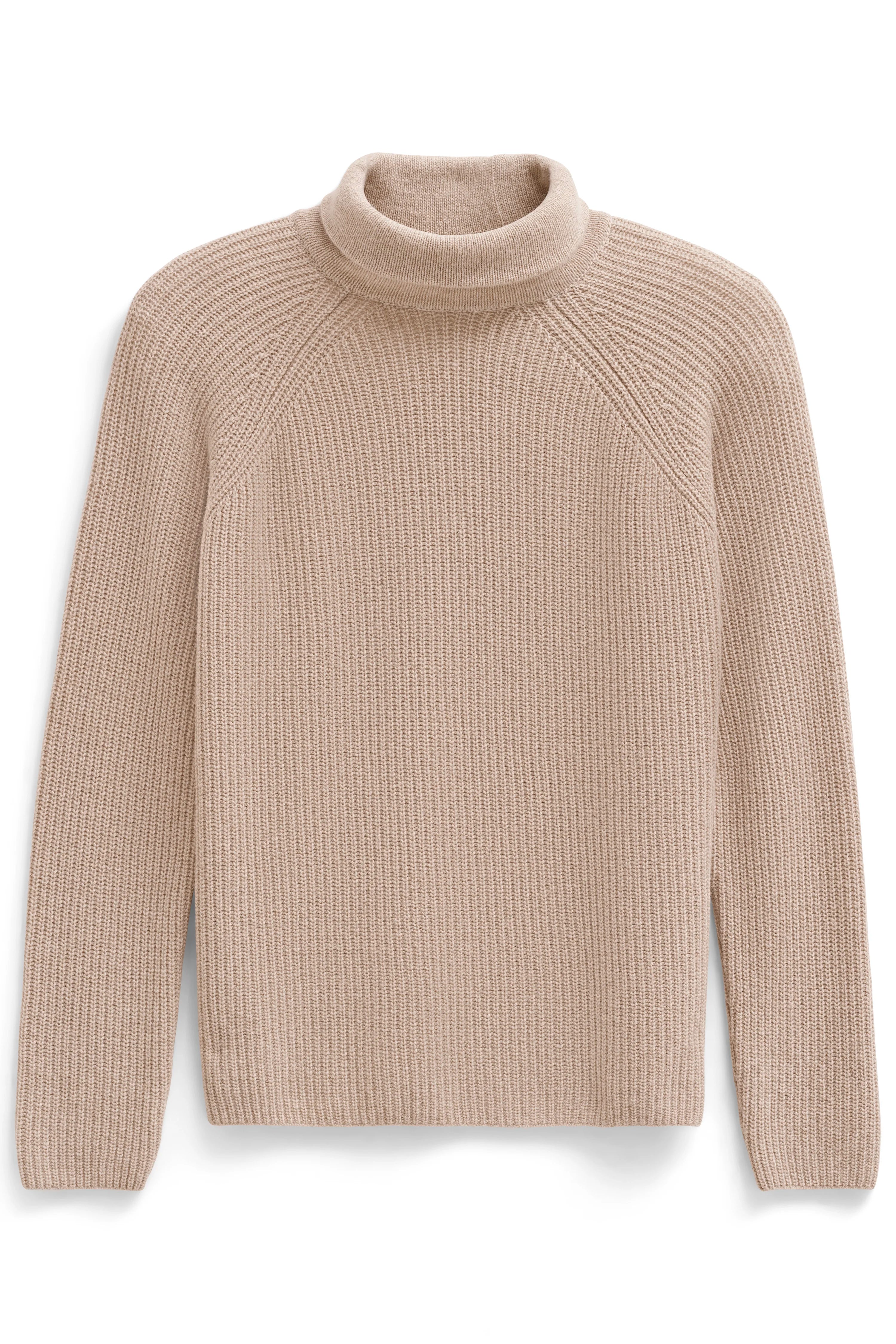 Beige coltrui van bugatti, breipatroon, busteweergave.