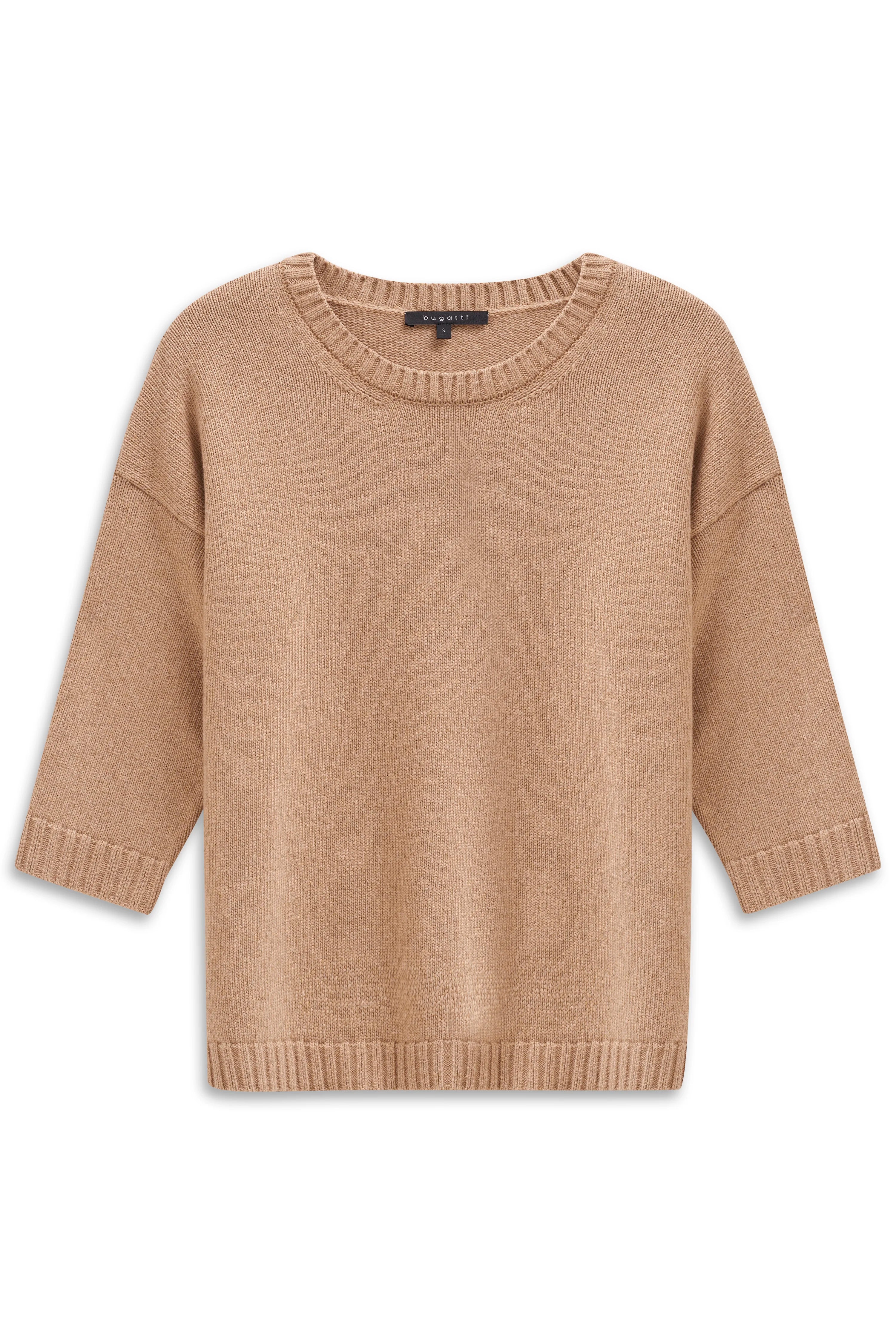 Beige bugatti Pullover mit Rundhals, Büstenbild, zeitlose Eleganz und hochwertige Verarbeitung.
