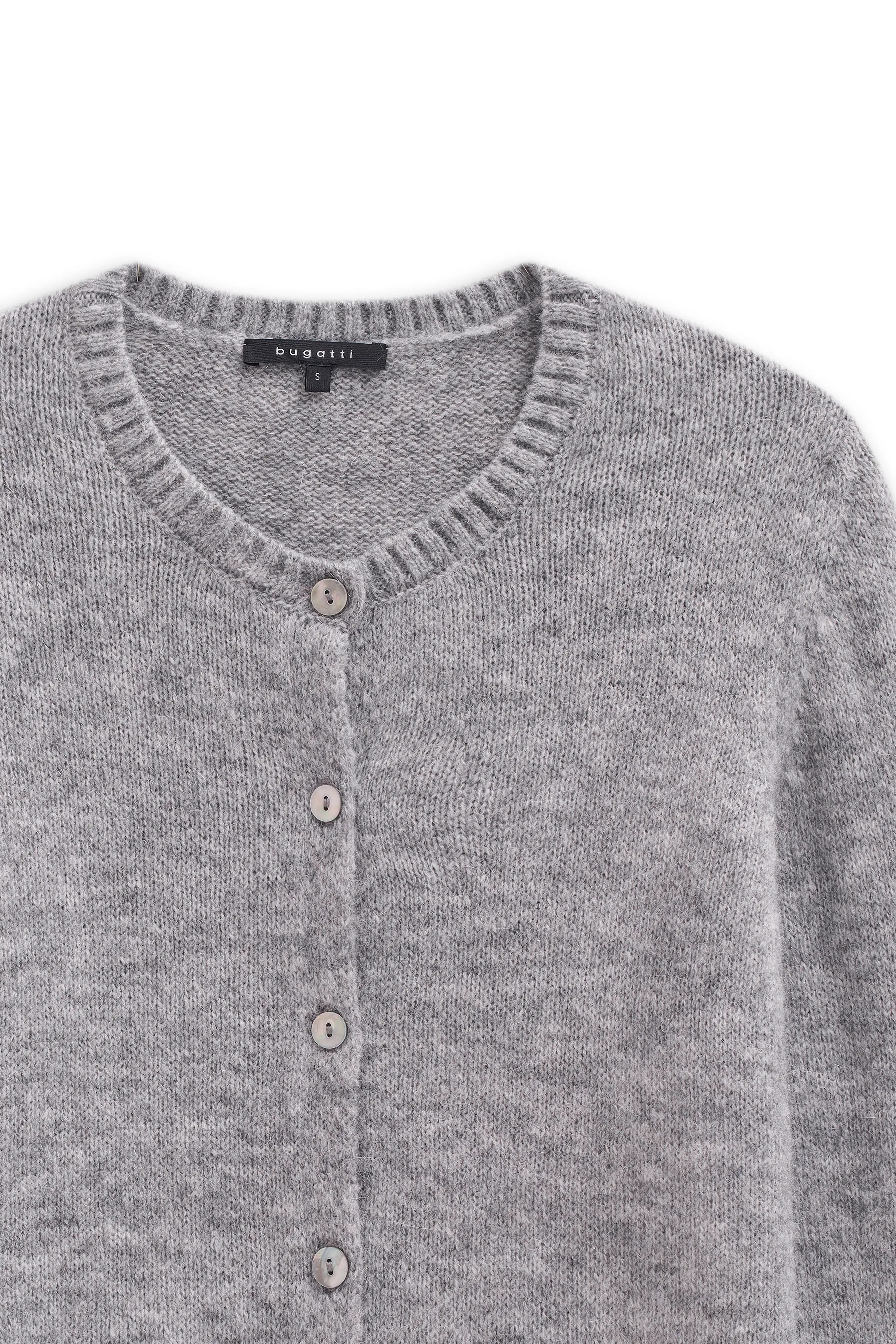 Gray bugatti knit cardigan, bust view, with buttons.
