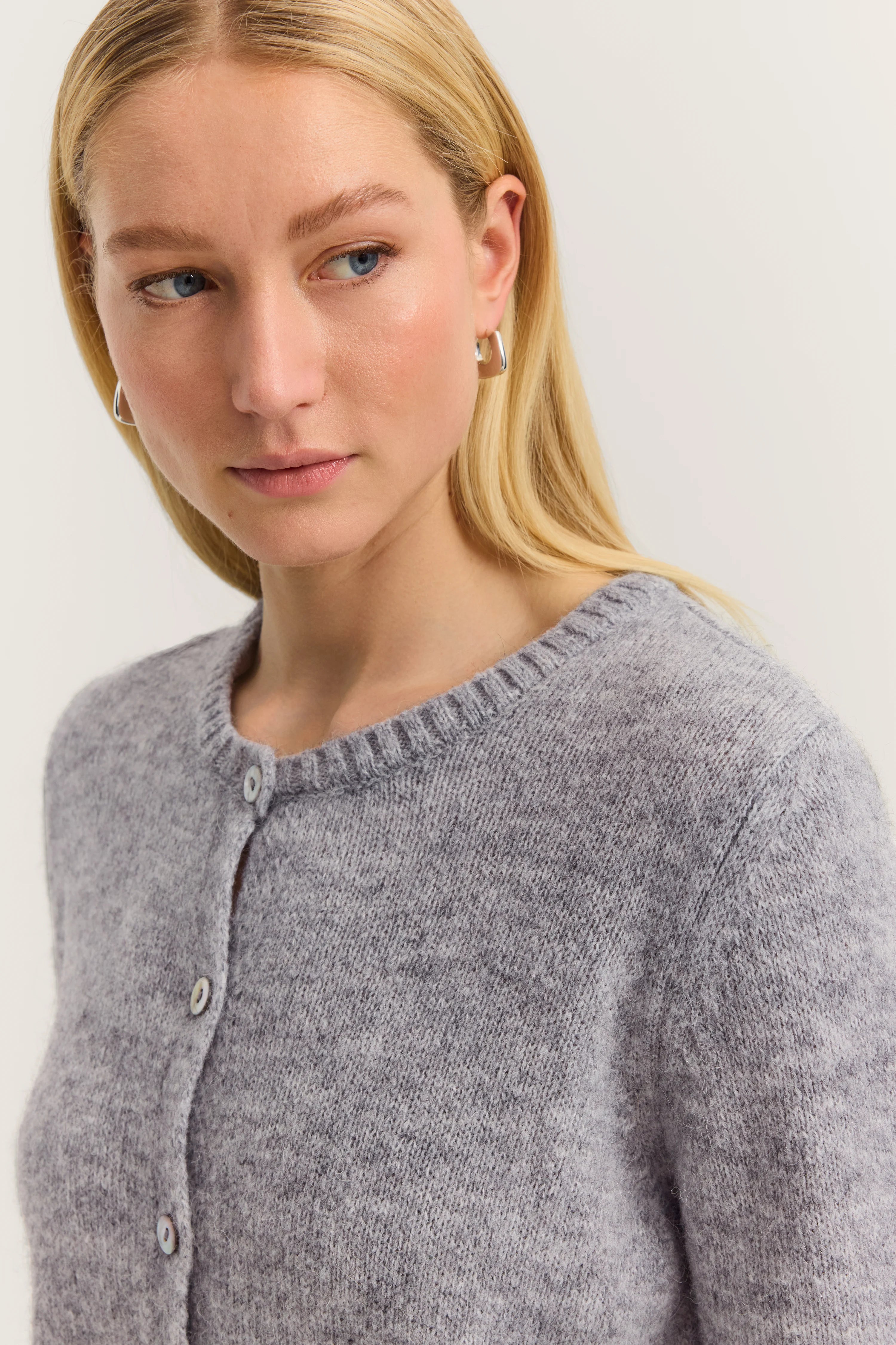 Gray knit cardigan by bugatti, bust view, elegant, timeless style.