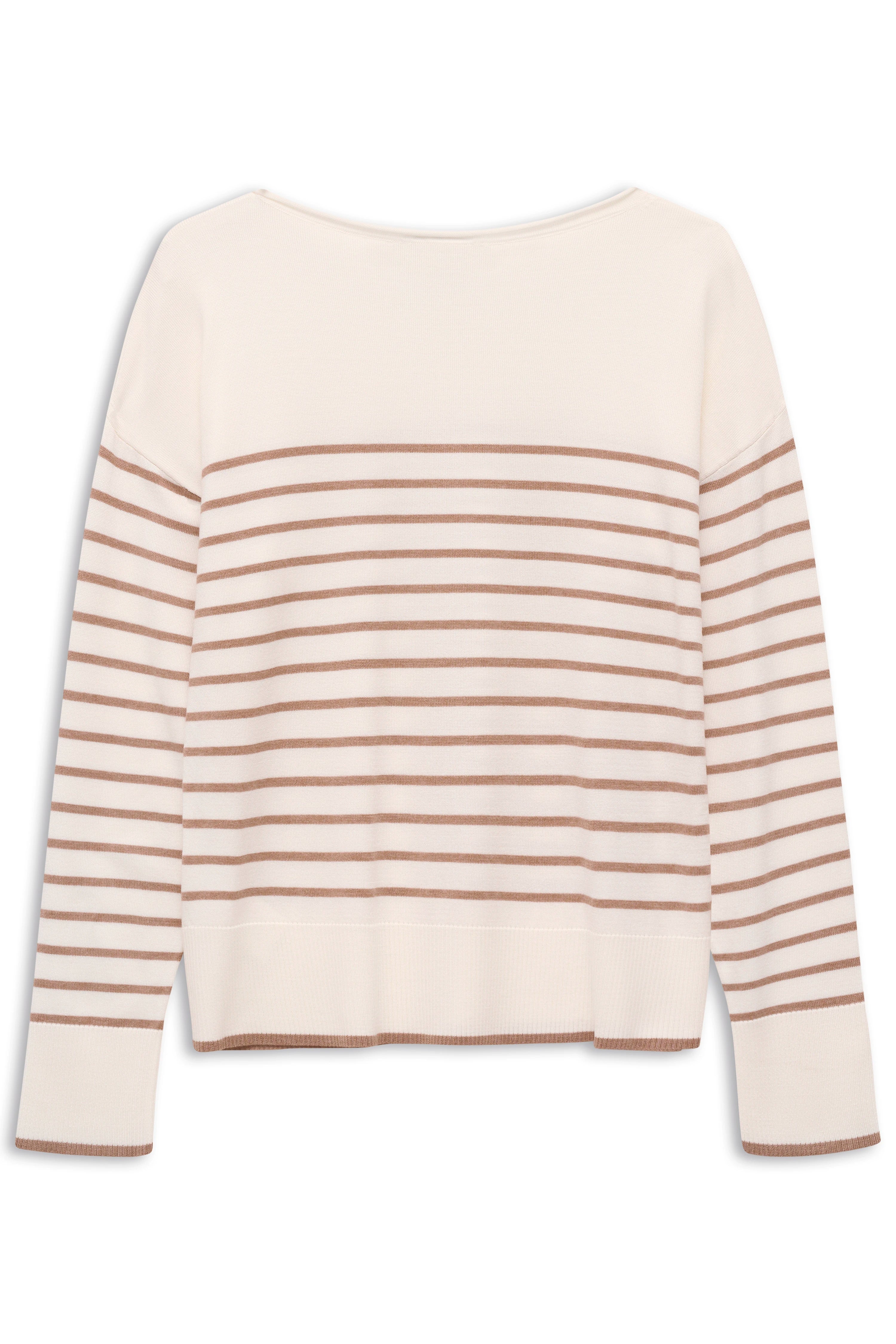 Beige-weiß gestreifter bugatti Pullover, Büstenbild, lässiges Design für zeitlosen Stil.