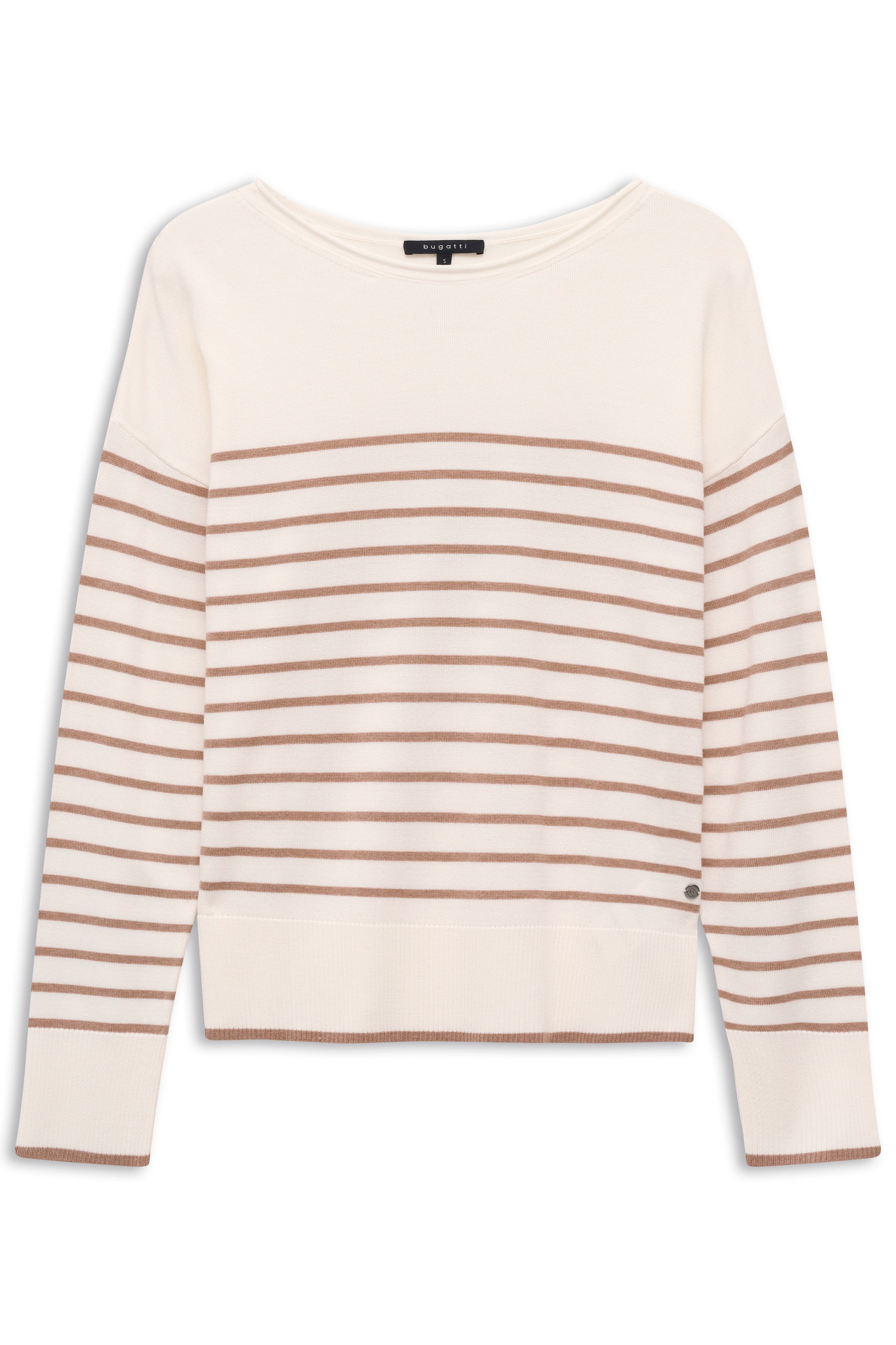 bugatti gestreifter Pullover in Creme und Beige, legeres Büstenbild.