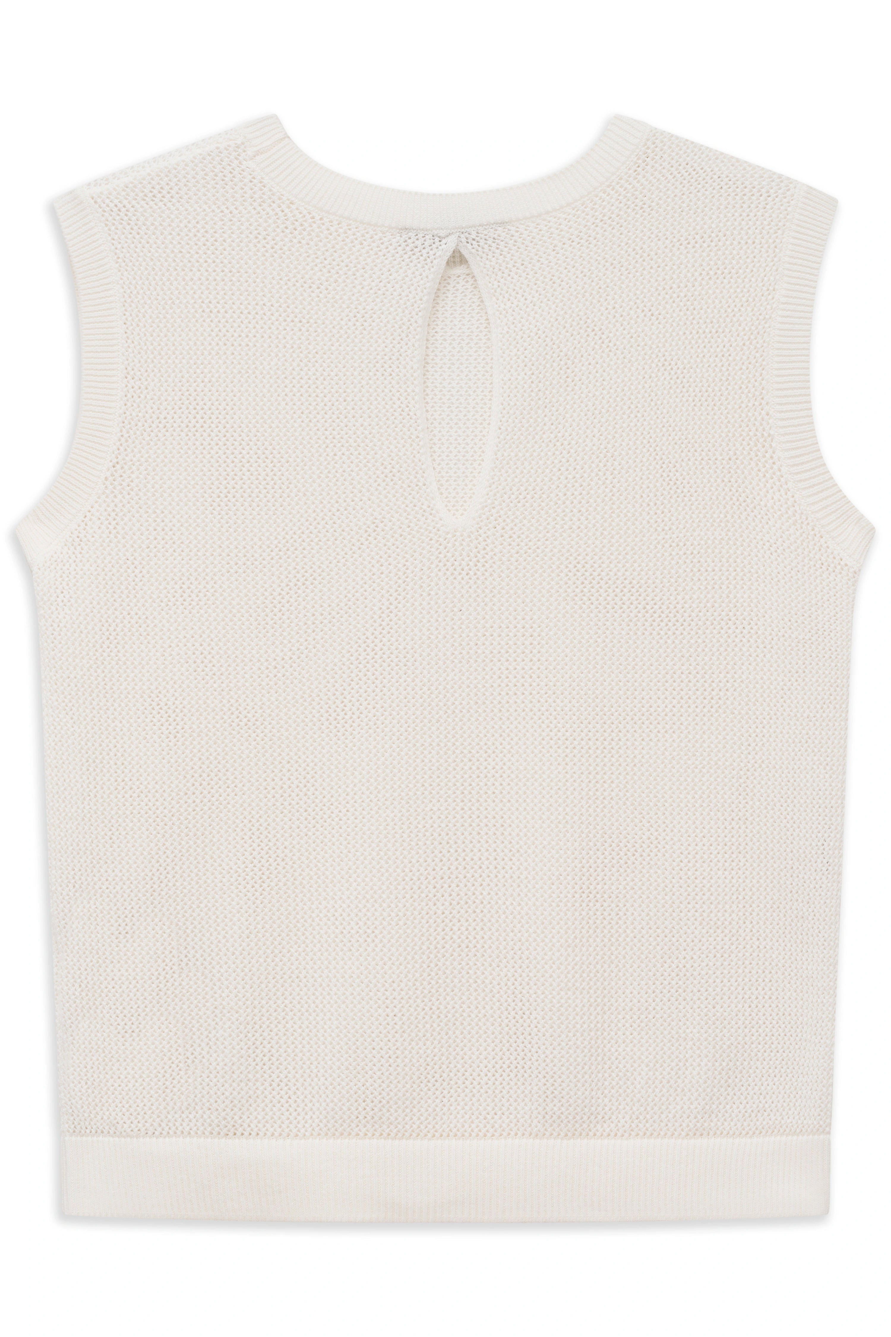 Ärmelloser, cremefarbener Stricktop von bugatti, Rückansicht, Büstenbild.
