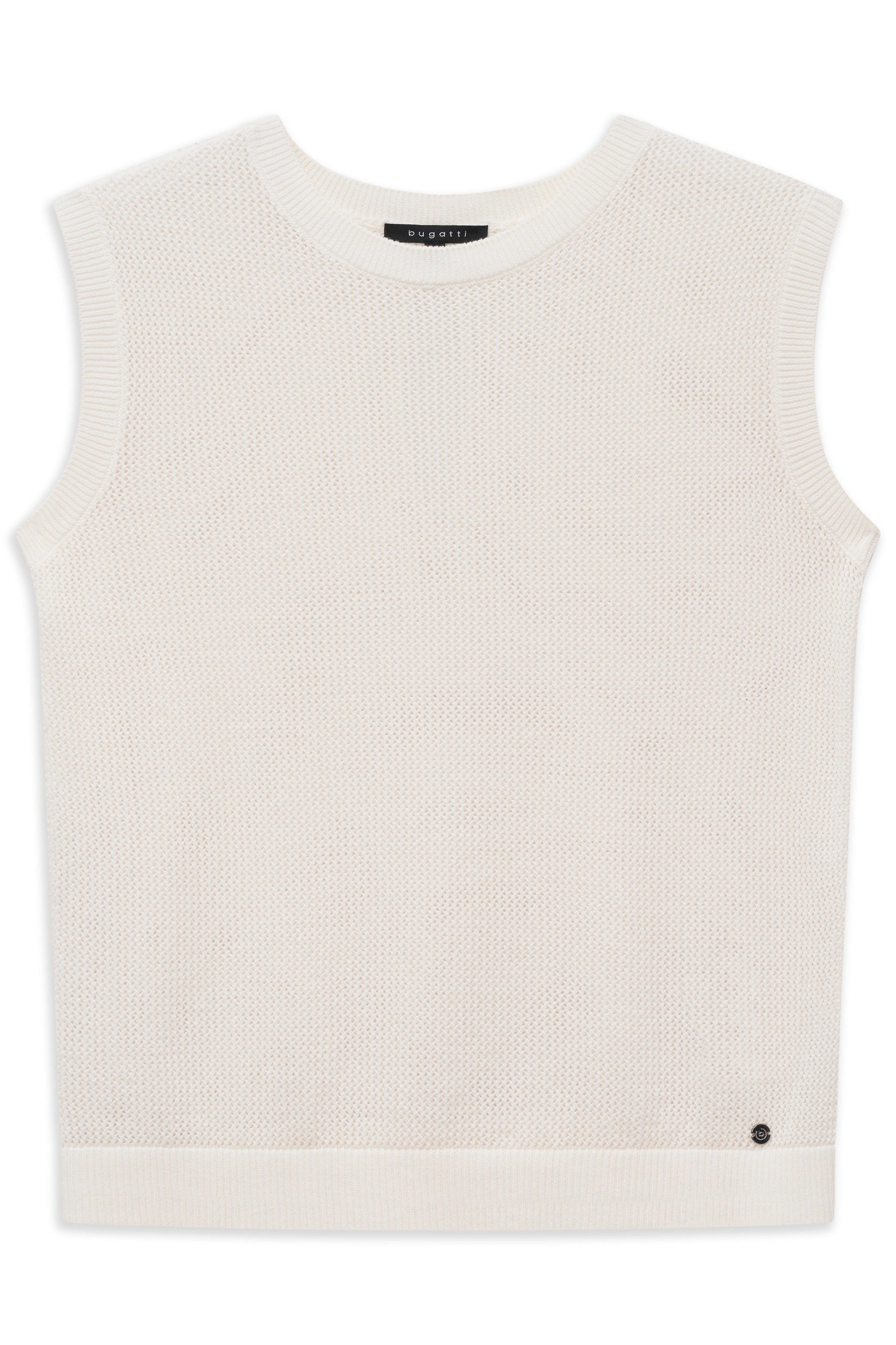 Ärmelloser bugatti Pullover, cremeweiß, fein gestrickt, Büstenbild.